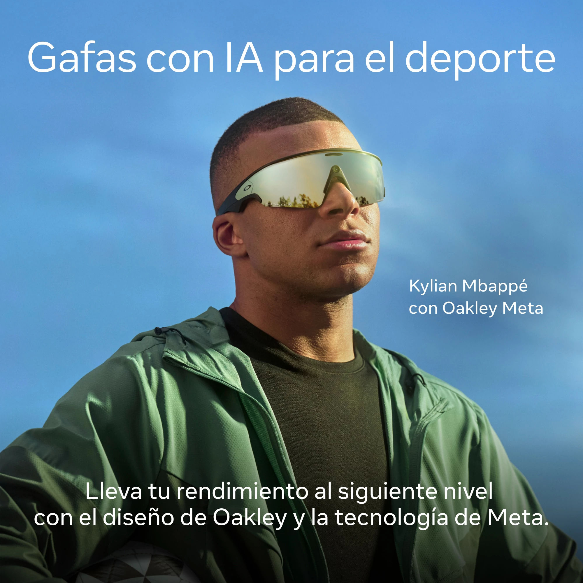 Kylian Mbappé con gafas de sol Oakley Meta. Texto: Gafas con IA para el deporte. Fondo de cielo azul.
