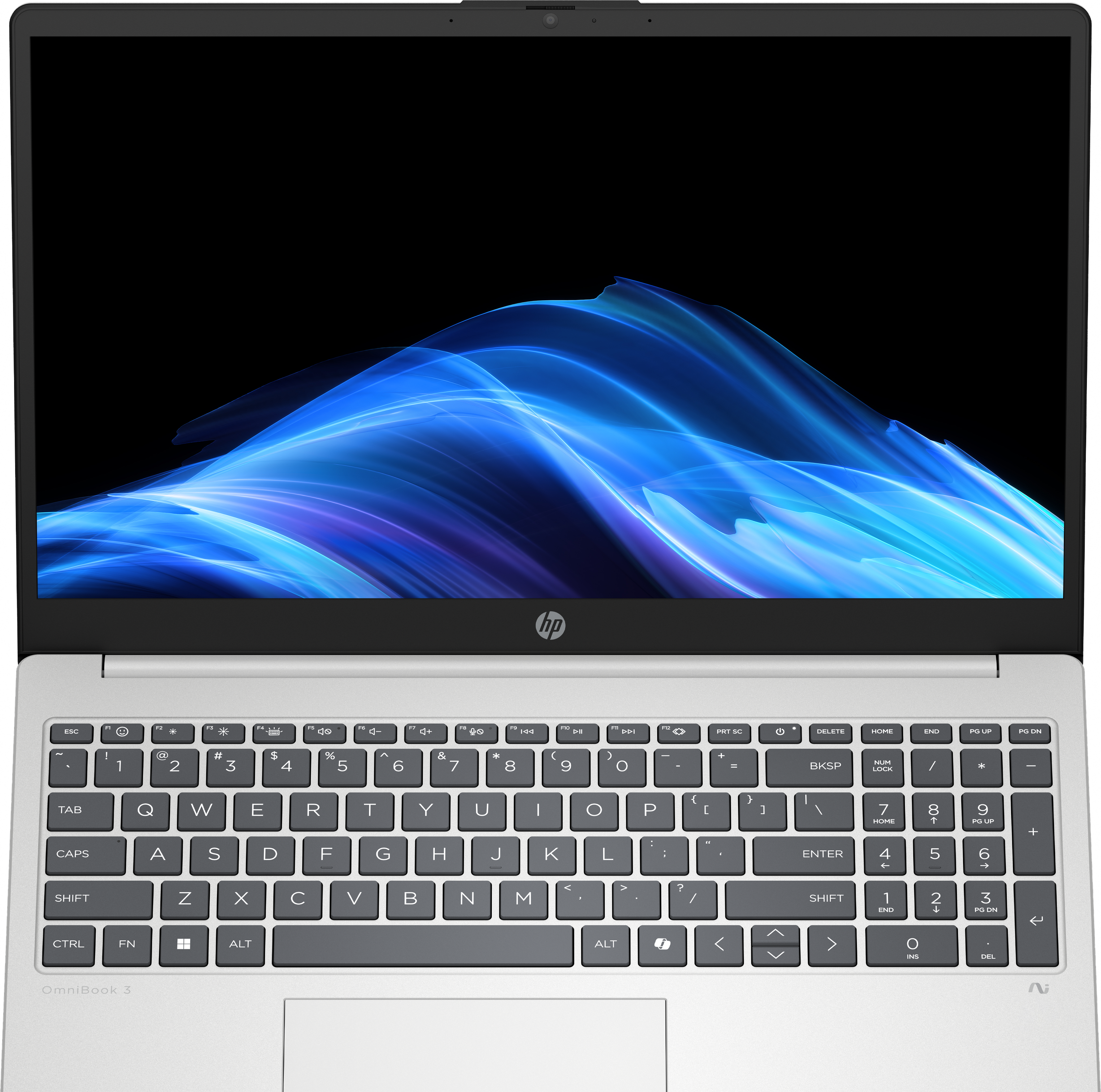 Laptop mit Tastatur und Bildschirm mit blauem, abstraktem Design. Silbernes Gehäuse und schwarzes Display.