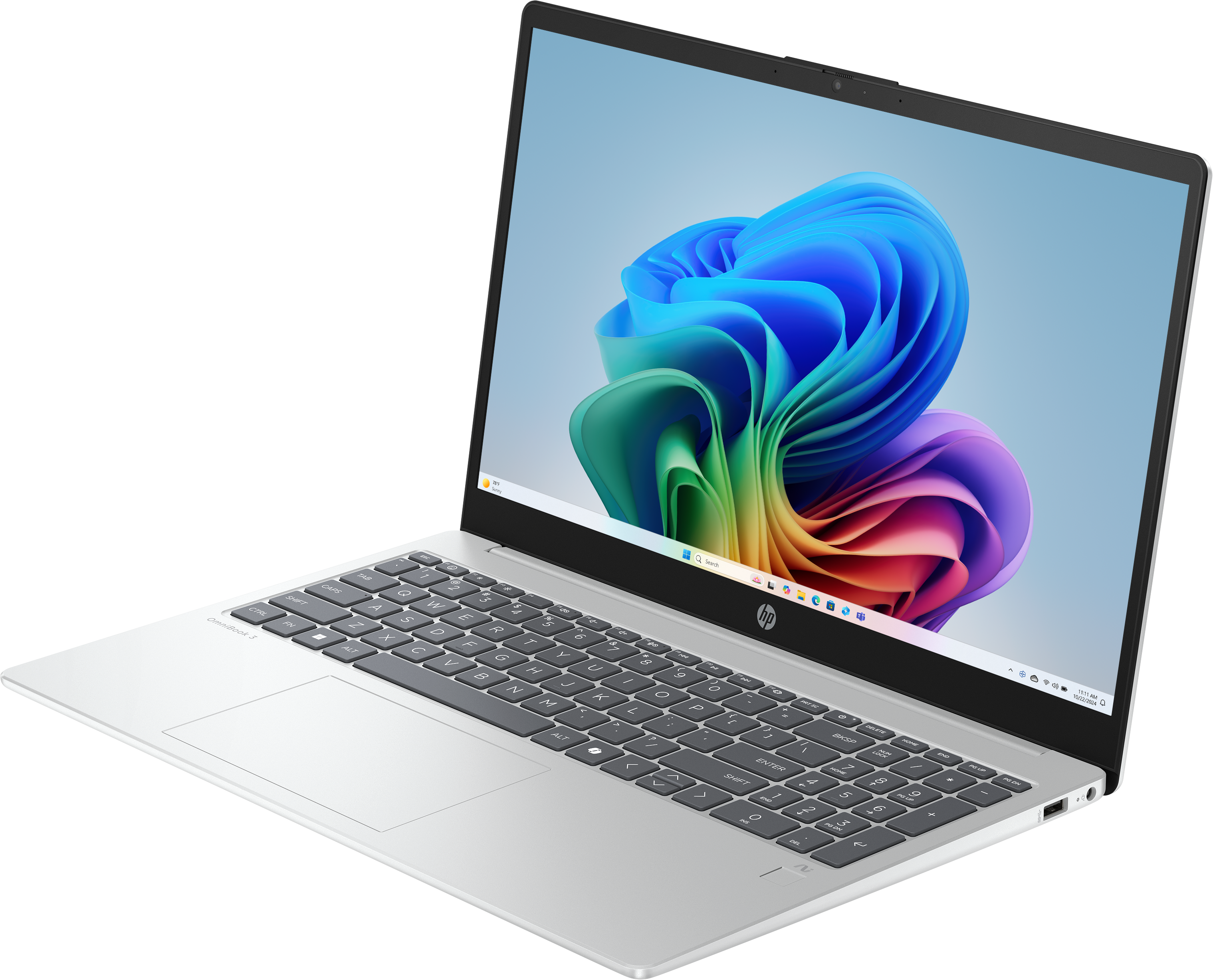 Silberner Laptop auf schwarzem Hintergrund. Bildschirm zeigt buntes abstraktes Bild. Tastatur sichtbar.