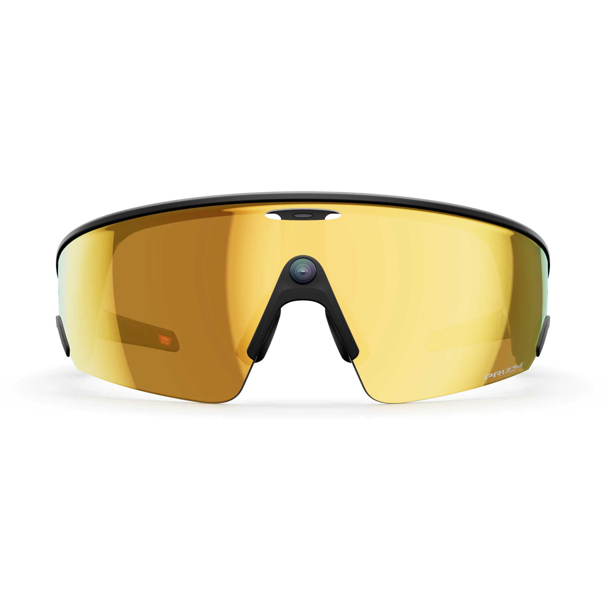 Primer plano de gafas de sol con lentes doradas y montura negra. El fondo es blanco. Las lentes son curvadas y reflectantes.
