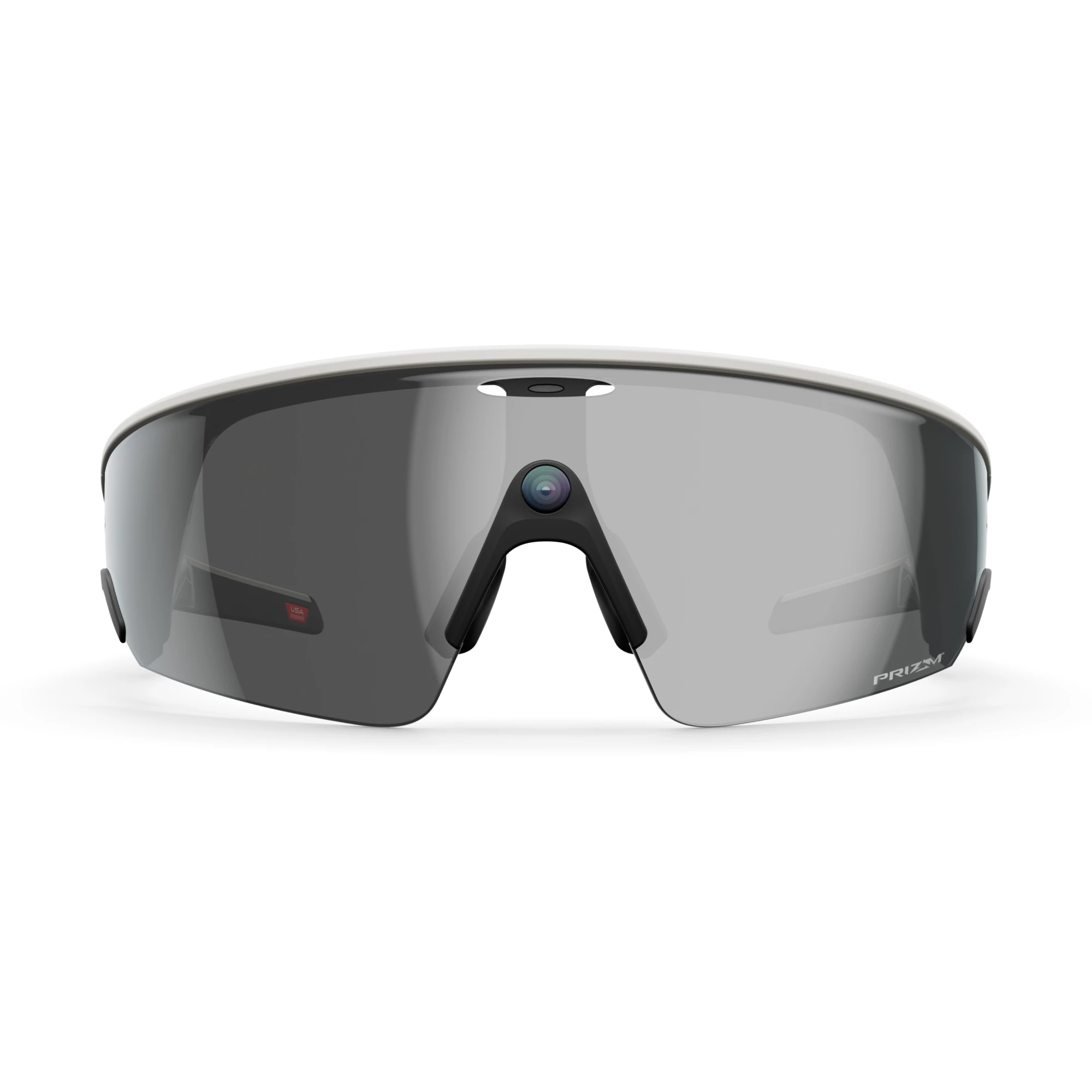 Un par de gafas de sol deportivas modernas con lentes grises oscuras y montura blanca. Las gafas tienen una pequeña cámara.