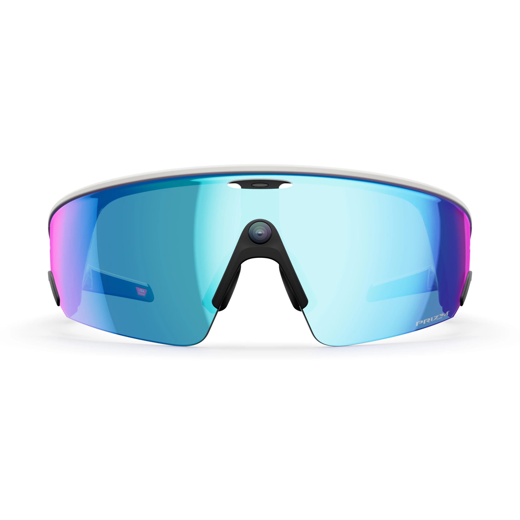 Gafas de sol deportivas con lentes azules y moradas, montura blanca y pieza nasal negra, sobre fondo blanco. Las lentes son reflectantes.