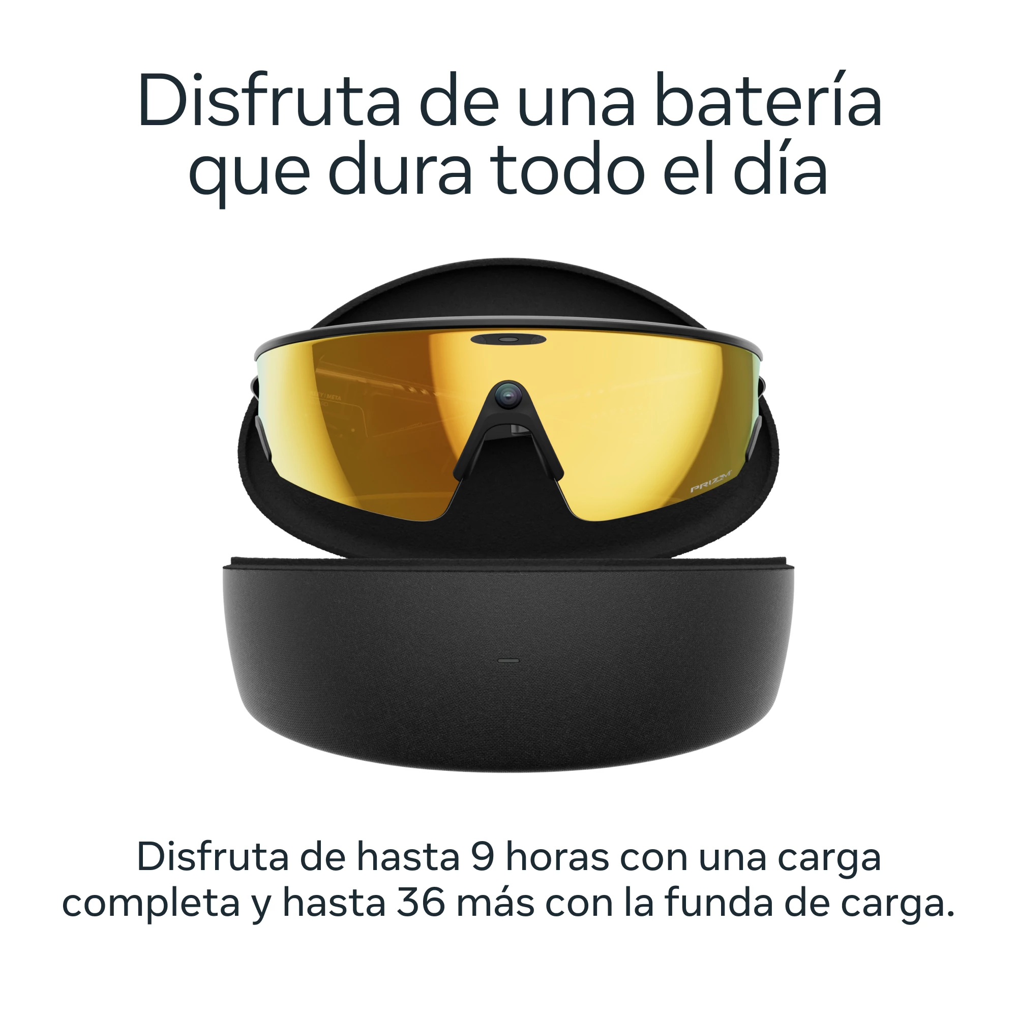 Gafas de sol con lentes doradas en un estuche negro, con texto arriba y abajo que menciona la duración de la batería.