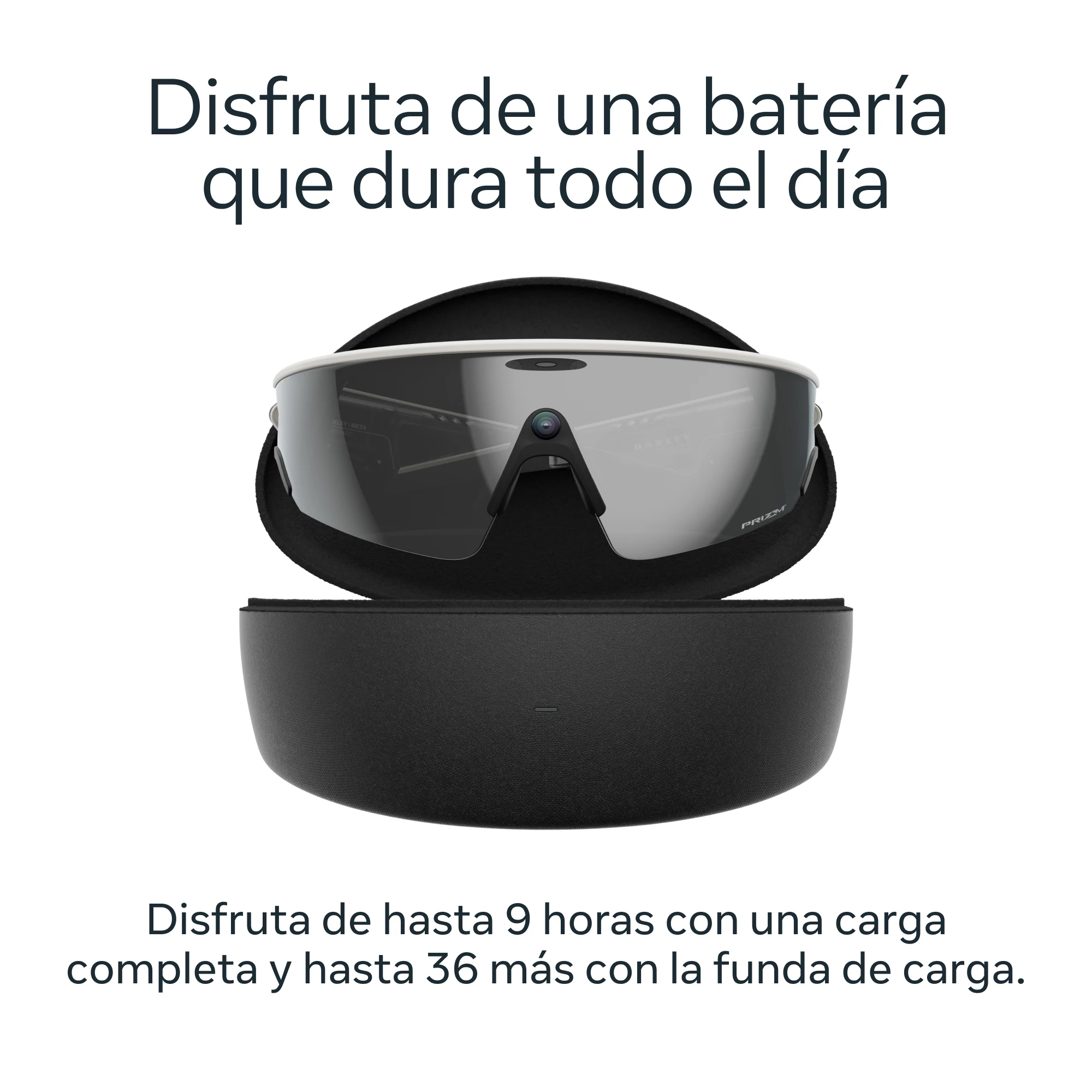Gafas de sol en un estuche. El texto dice: 'Disfruta de una batería que dura todo el día' y 'Disfruta hasta 9 horas con una carga completa'.