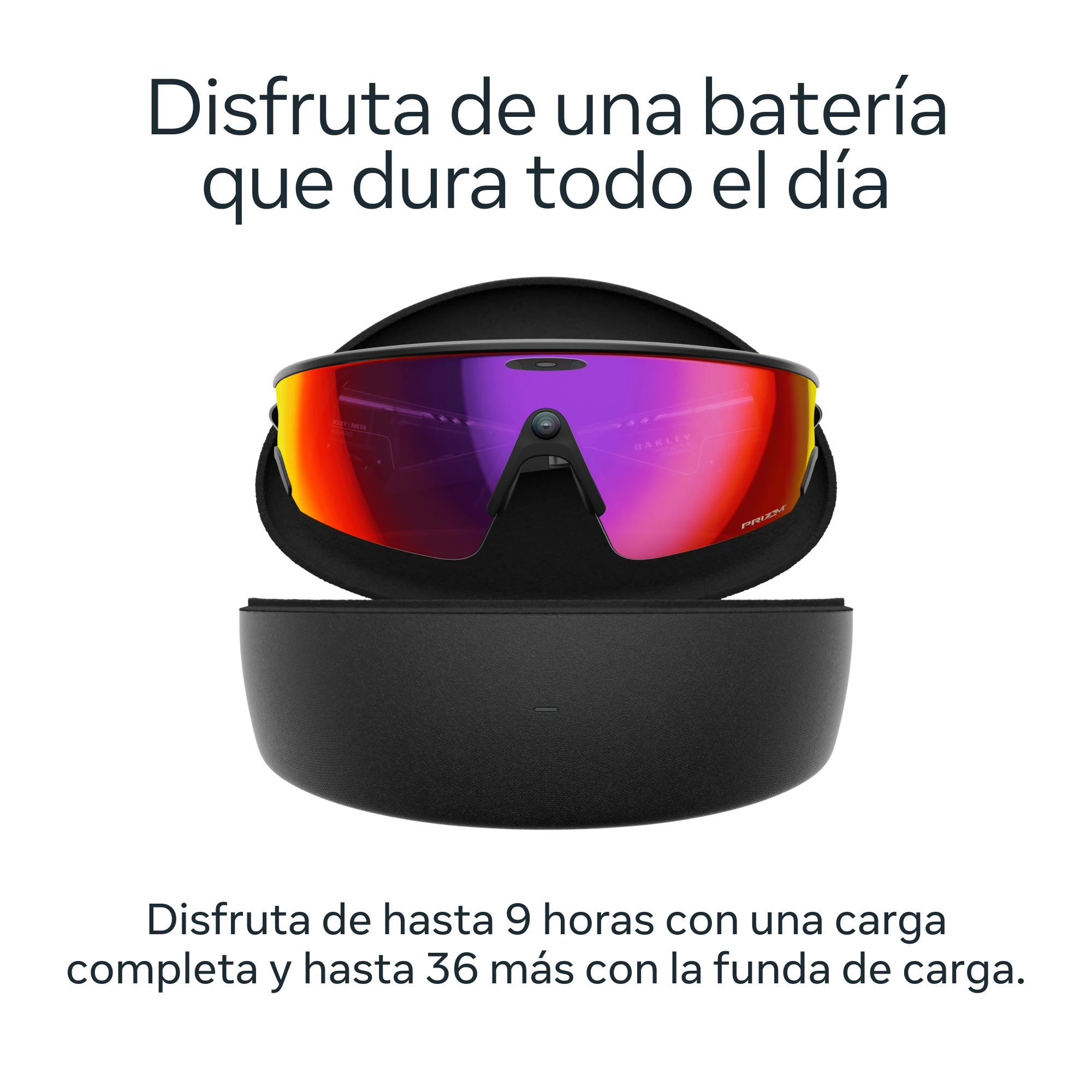 Gafas de sol con lentes rojo-amarillas y estuche negro. El texto superior dice: "Disfruta de una batería que dura todo el día."