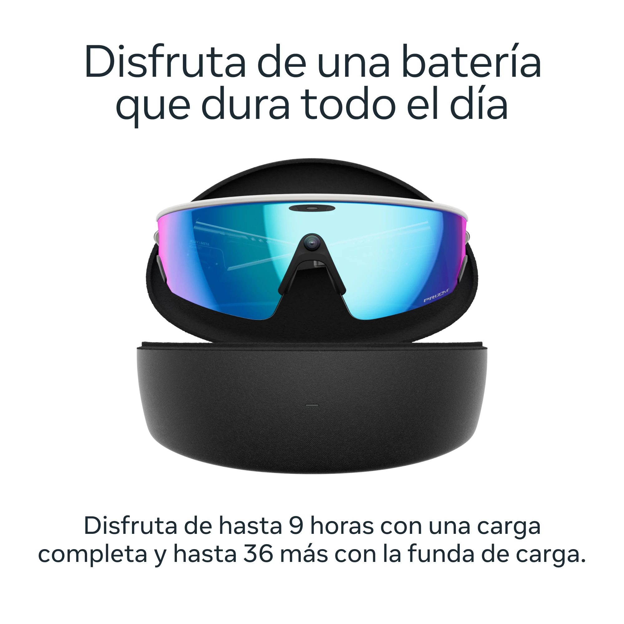 Gafas de sol en un estuche, con texto sobre la duración de la batería. Las gafas tienen lentes azules y moradas. El estuche es negro.