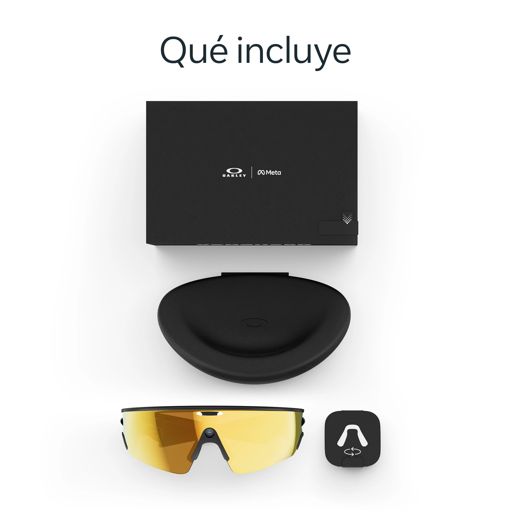 Caja negra, estuche, gafas de sol con lentes amarillas y un pequeño icono. La caja está etiquetada Oakley Meta.