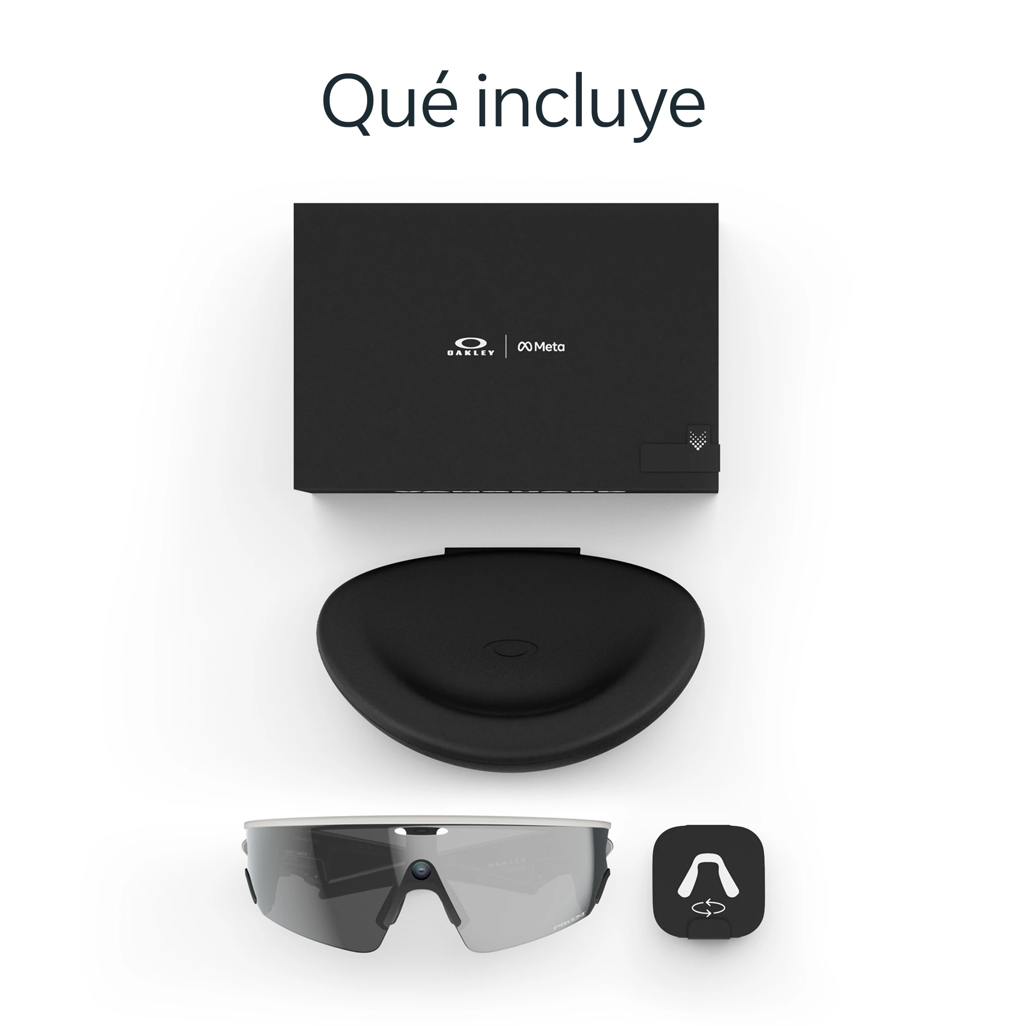 Una imagen que muestra una caja negra, un estuche negro, gafas y un icono pequeño. Todo sobre un fondo blanco.