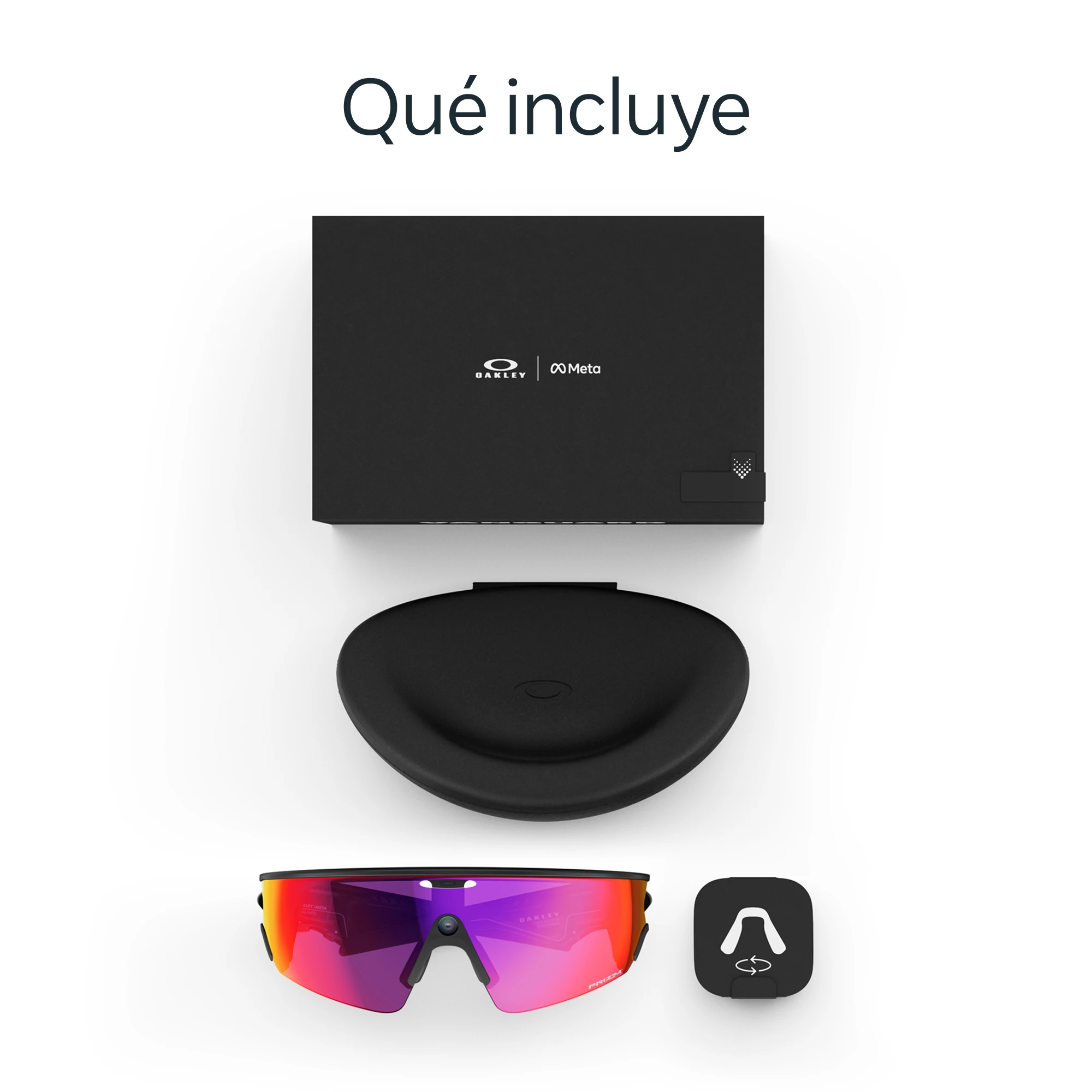 Una caja negra, estuche, gafas de sol y un pequeño icono negro sobre fondo blanco. Las gafas tienen lentes rojas/moradas.