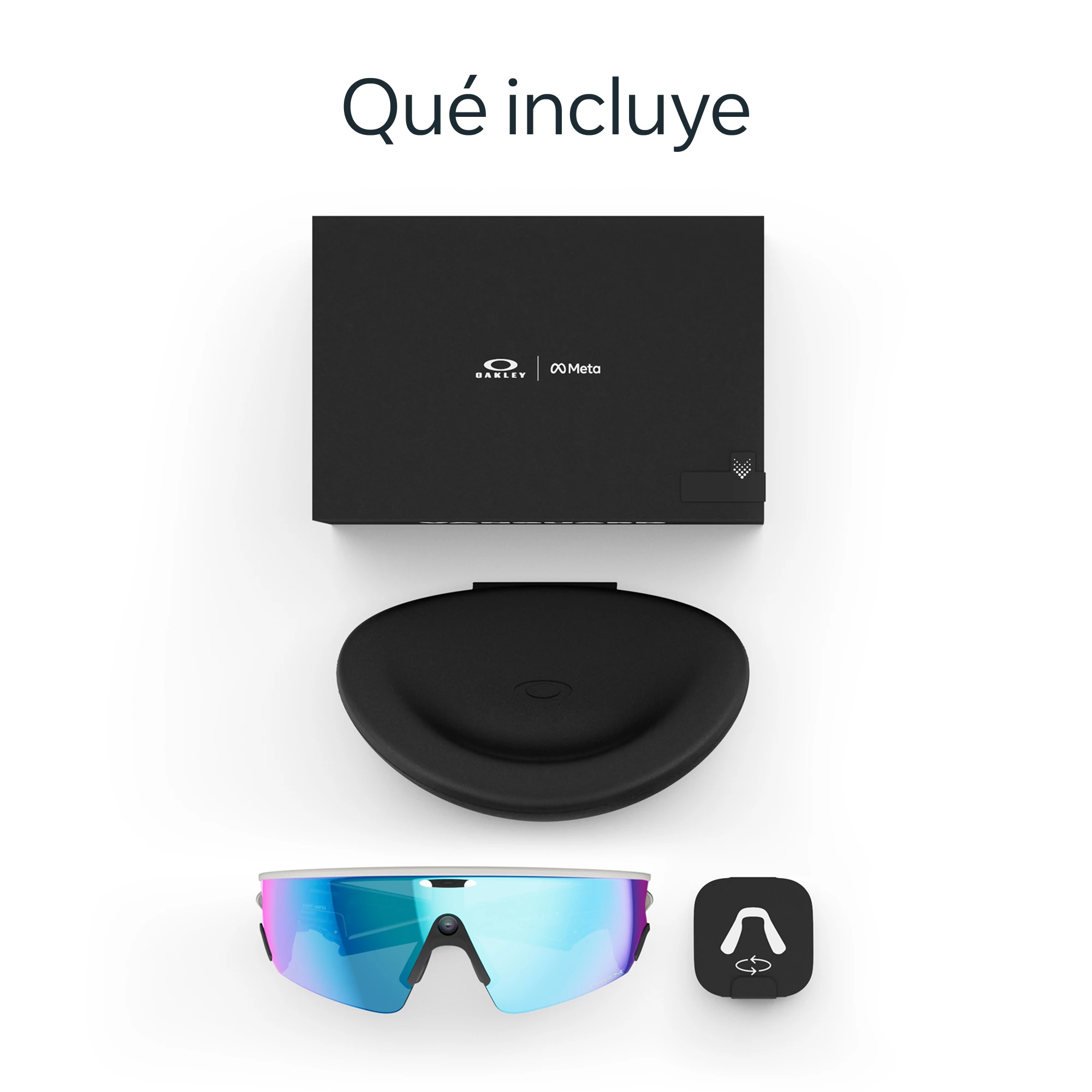Imagen muestra gafas de sol Oakley Meta, estuche, caja y un pequeño cuadrado negro con un icono de gafas.