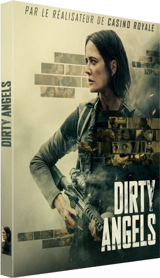 Movie cover 'Dirty Angels' shows a woman holding a gun. Beige background with text in French. Title 'Dirty Angels' in white.