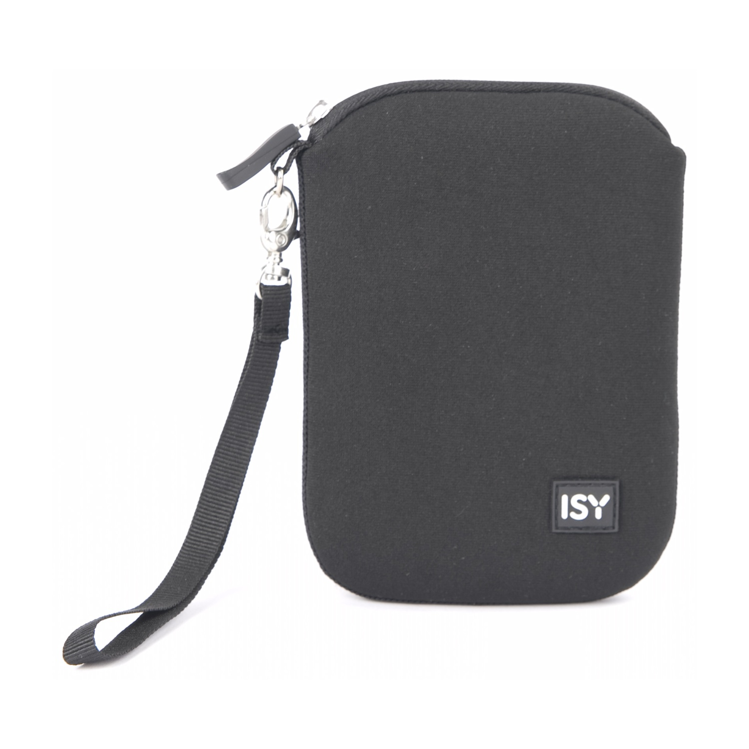 Custodia nera e arrotondata con cerniera e cinturino da polso. La custodia ha un piccolo logo 'ISY'. Lo sfondo è bianco.