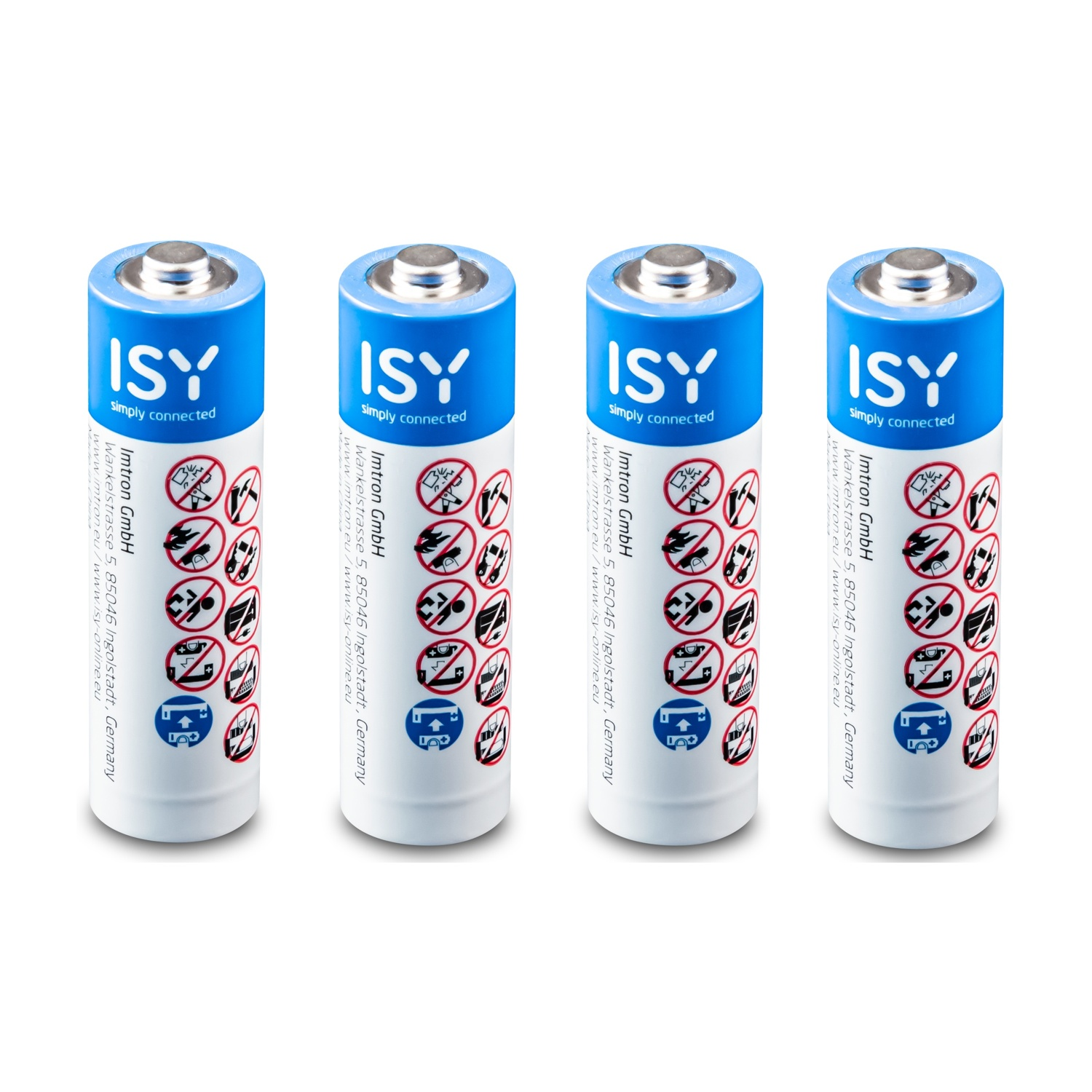 Quattro batterie AA in fila, bianche con la parte superiore blu. Ognuna ha il logo ISY e simboli di sicurezza. Lo sfondo è bianco.