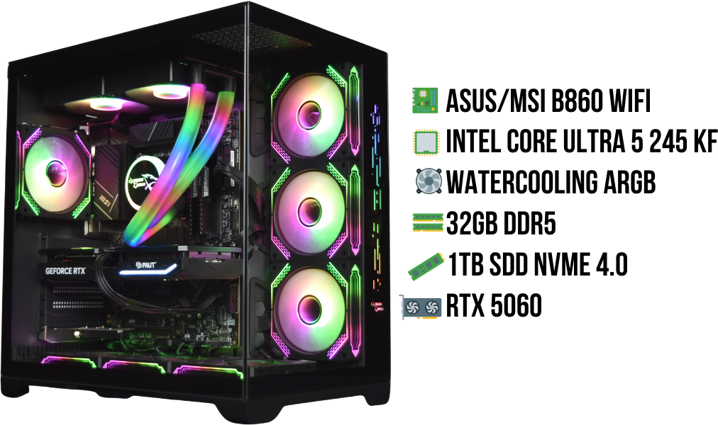 Un boîtier d'ordinateur avec des composants : ventilateurs RGB, carte graphique et refroidissement liquide. Le texte à droite liste les composants.