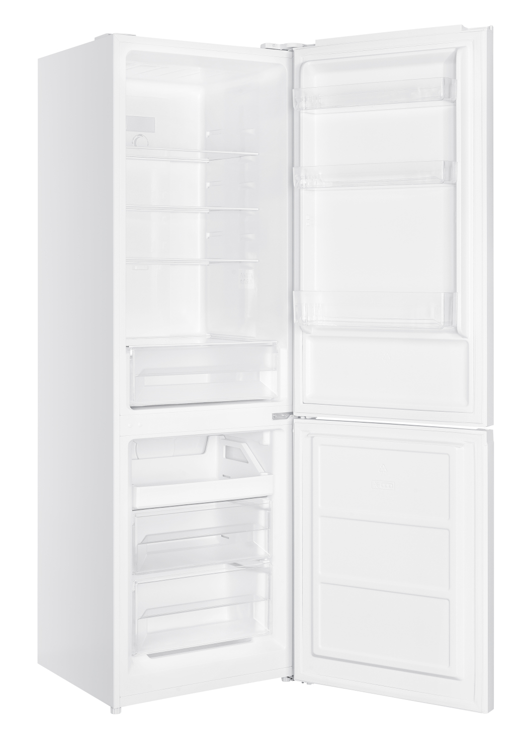 Een witte koelkast met open deuren. Planken, laden en deurvakken zijn zichtbaar. Het vriesvak zit onderaan.