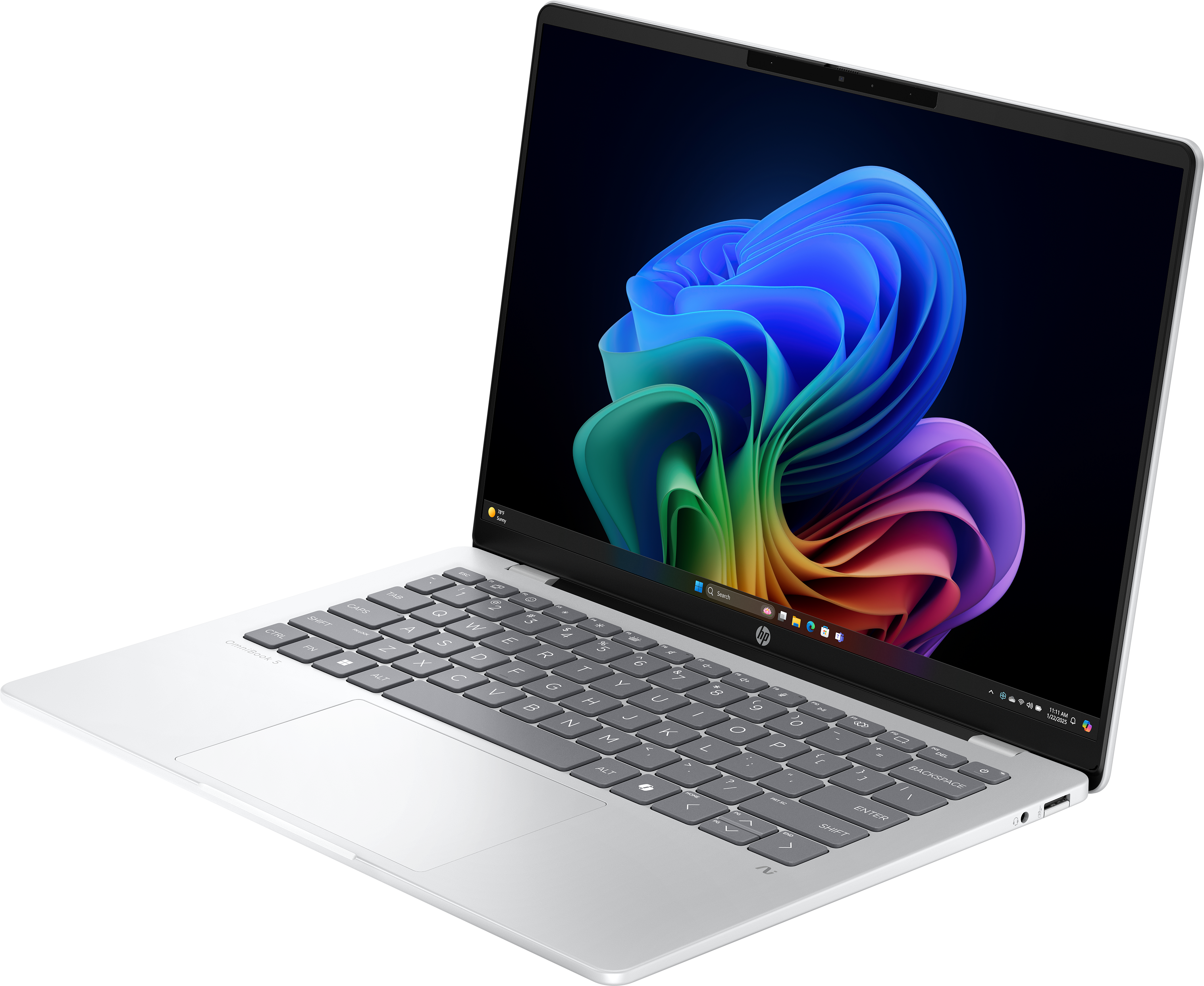 Silberner Laptop mit farbenfrohem Display, Tastatur sichtbar. Schwarzer Hintergrund.