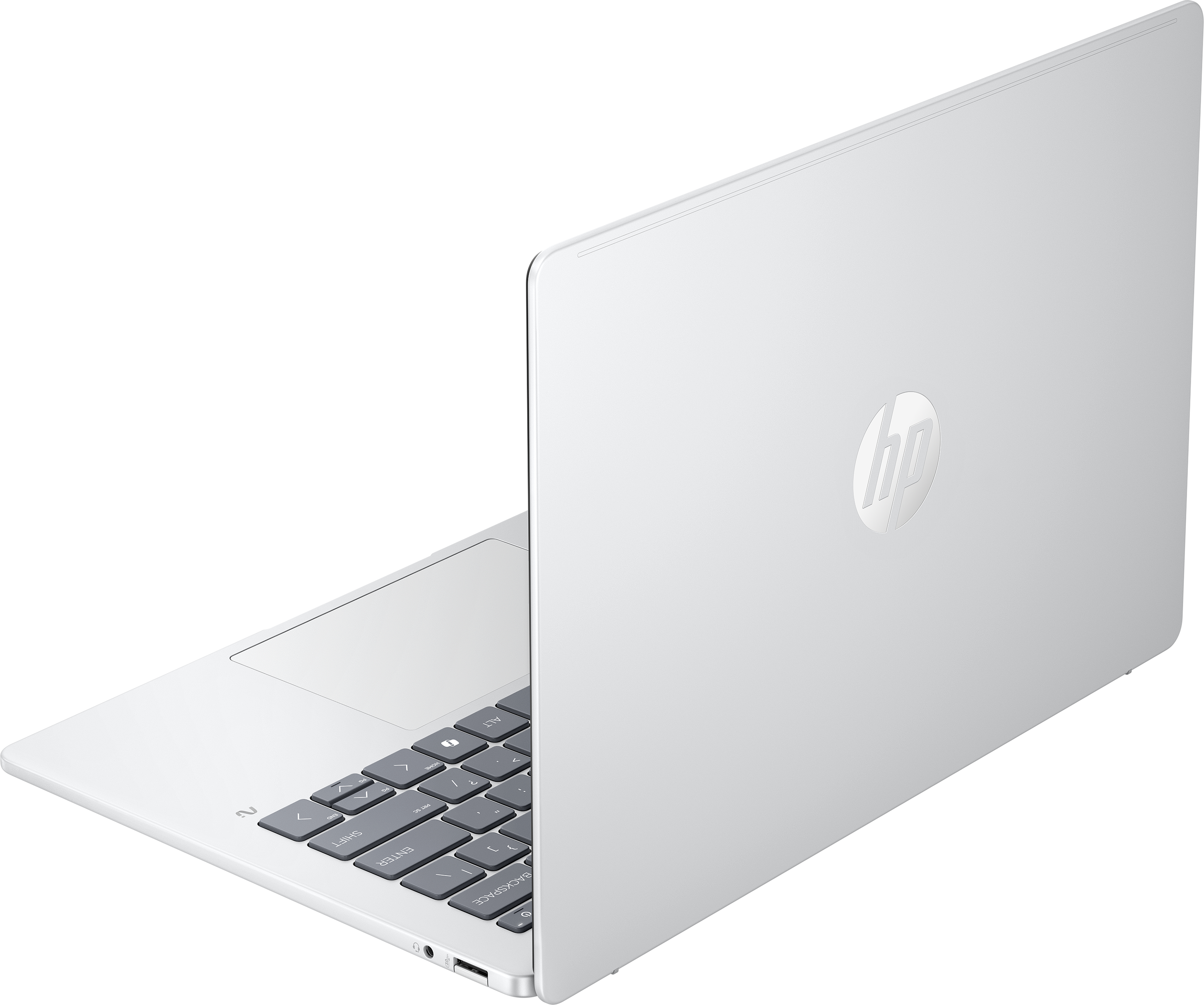 Ein weißer Laptop ist geöffnet und zeigt die Tastatur und den Bildschirm. Das HP-Logo ist sichtbar.