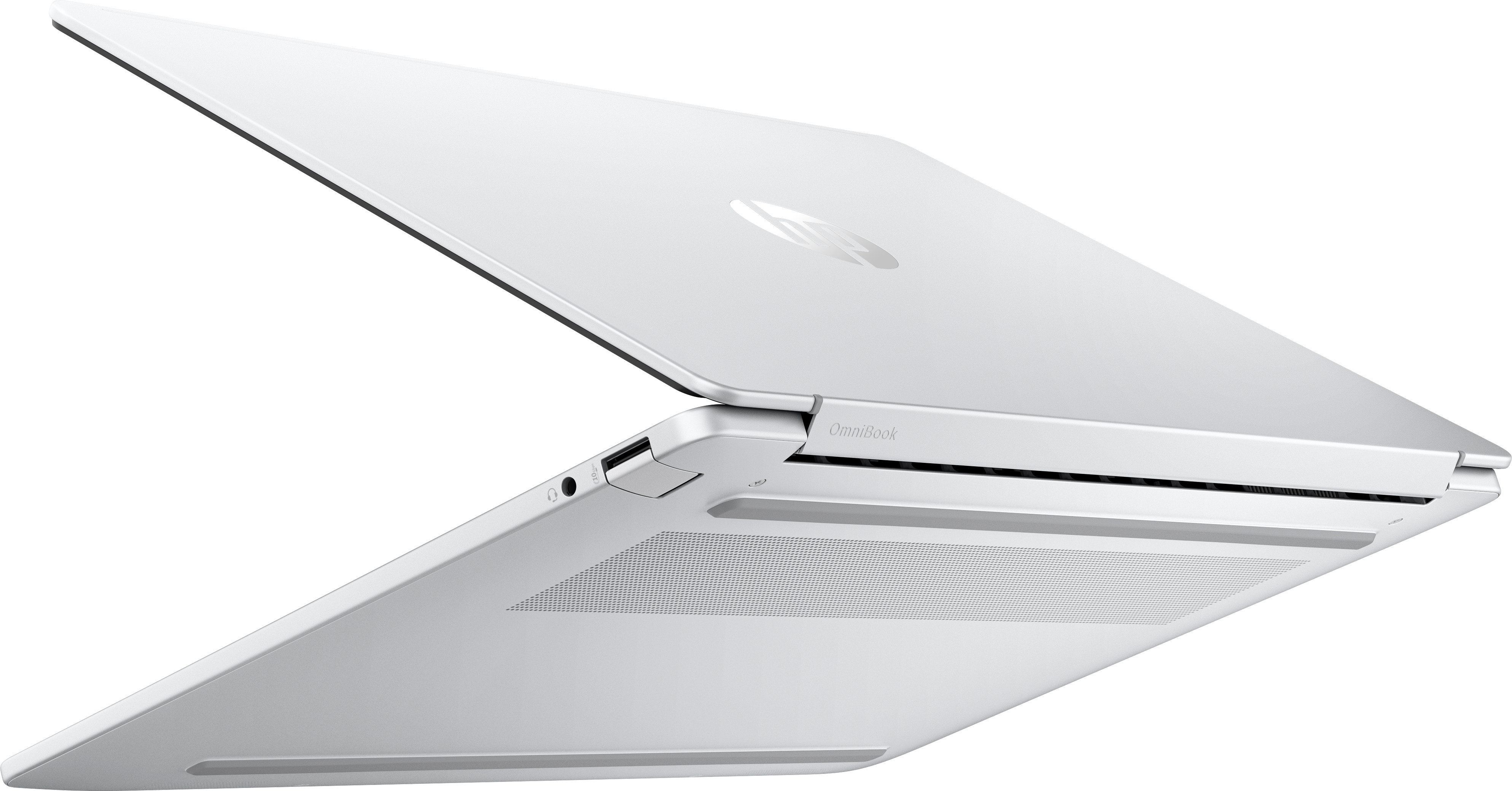 Ein weißes HP Omnibook-Laptop, in einem Winkel geöffnet. Das HP-Logo ist sichtbar. Der Hintergrund ist schwarz.