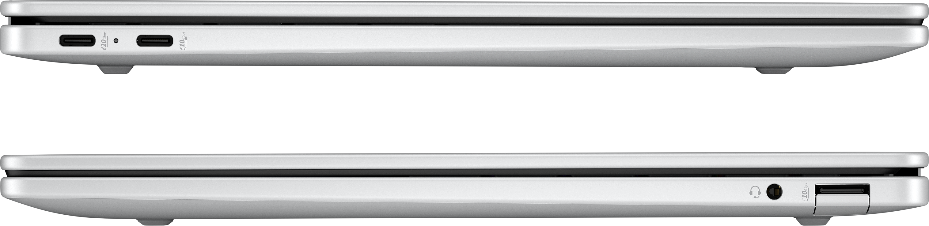 Zwei weiße Laptops Seitenansichten auf schwarzem Hintergrund, mit Anschlüssen und Kanten.