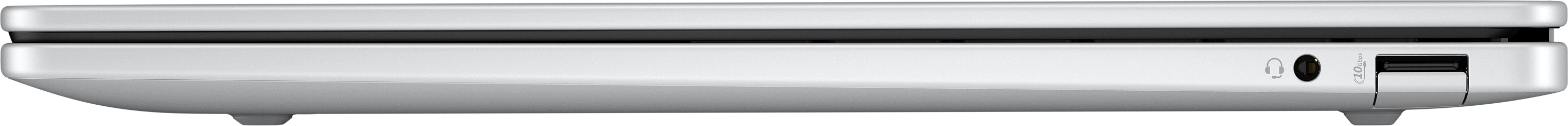 Seitenansicht eines weißen Geräts mit schwarzem Streifen. Es hat einen Kopfhöreranschluss und einen USB-Anschluss. Der Boden hat zwei Füße.