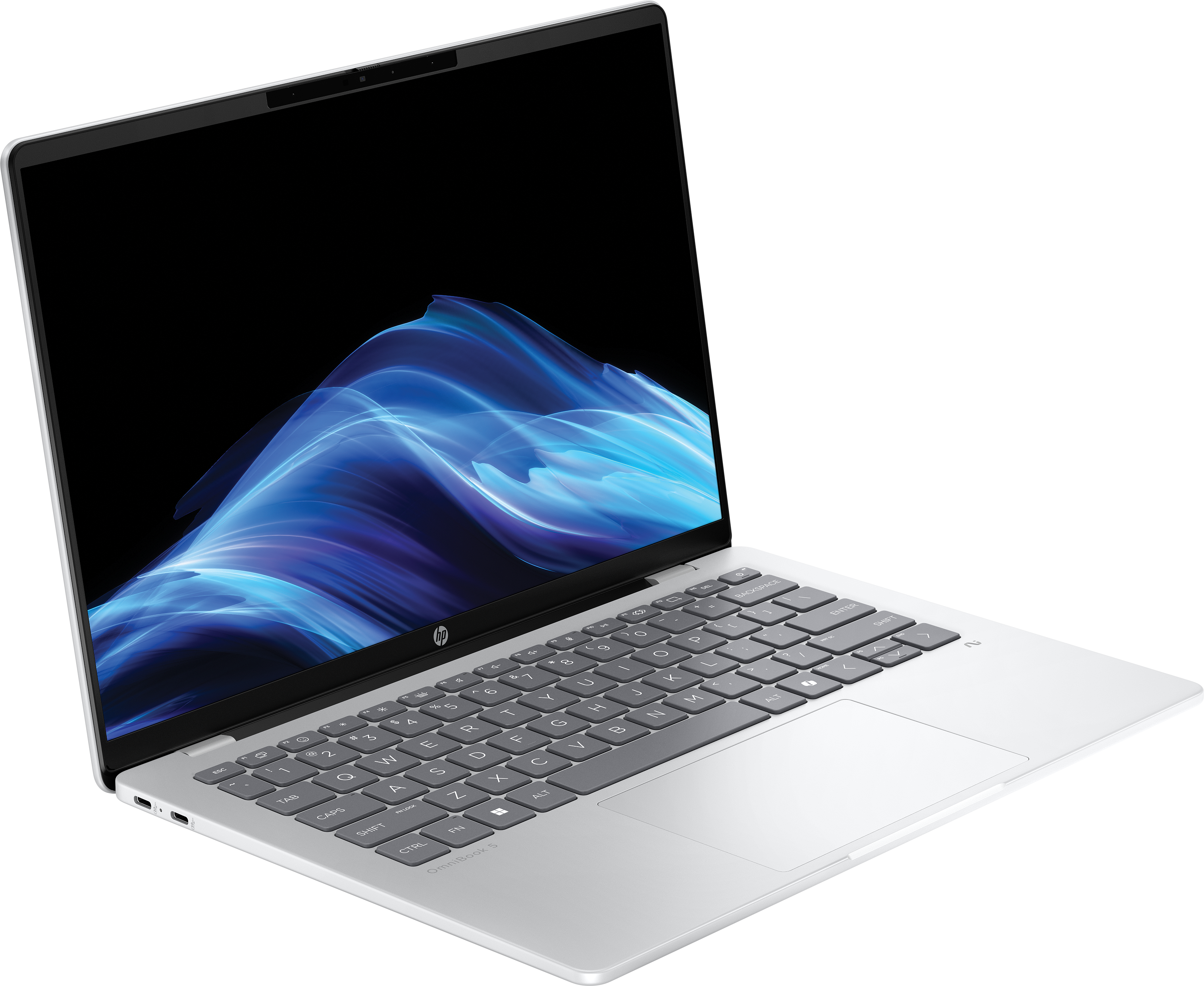 Silberner Laptop mit schwarzem Bildschirm, der blaue abstrakte Kunst zeigt. Tastatur sichtbar. Schwarzer Hintergrund.