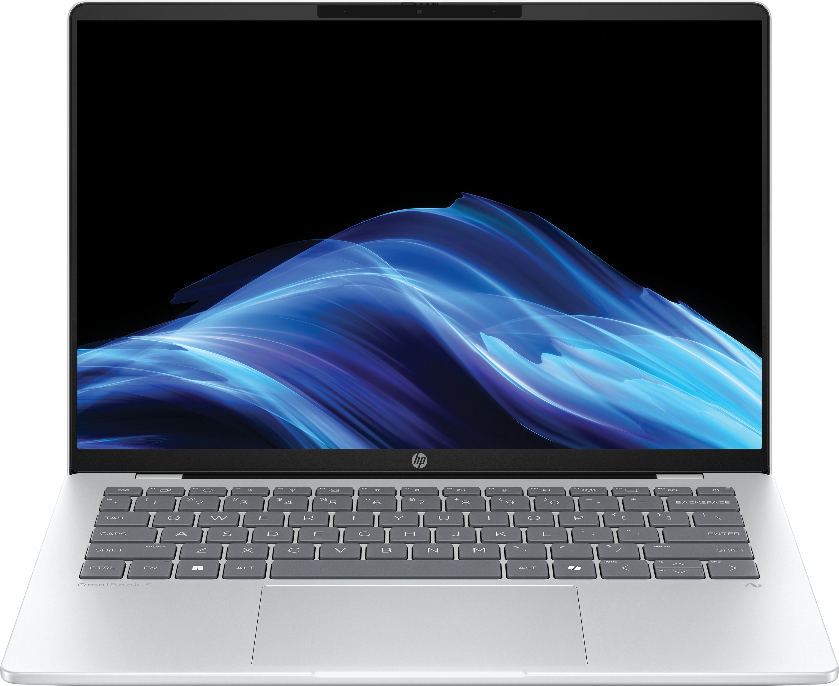 Ein silberner HP-Laptop ist geöffnet und zeigt ein blaues und violettes abstraktes Design auf dem Bildschirm, mit schwarzem Hintergrund.