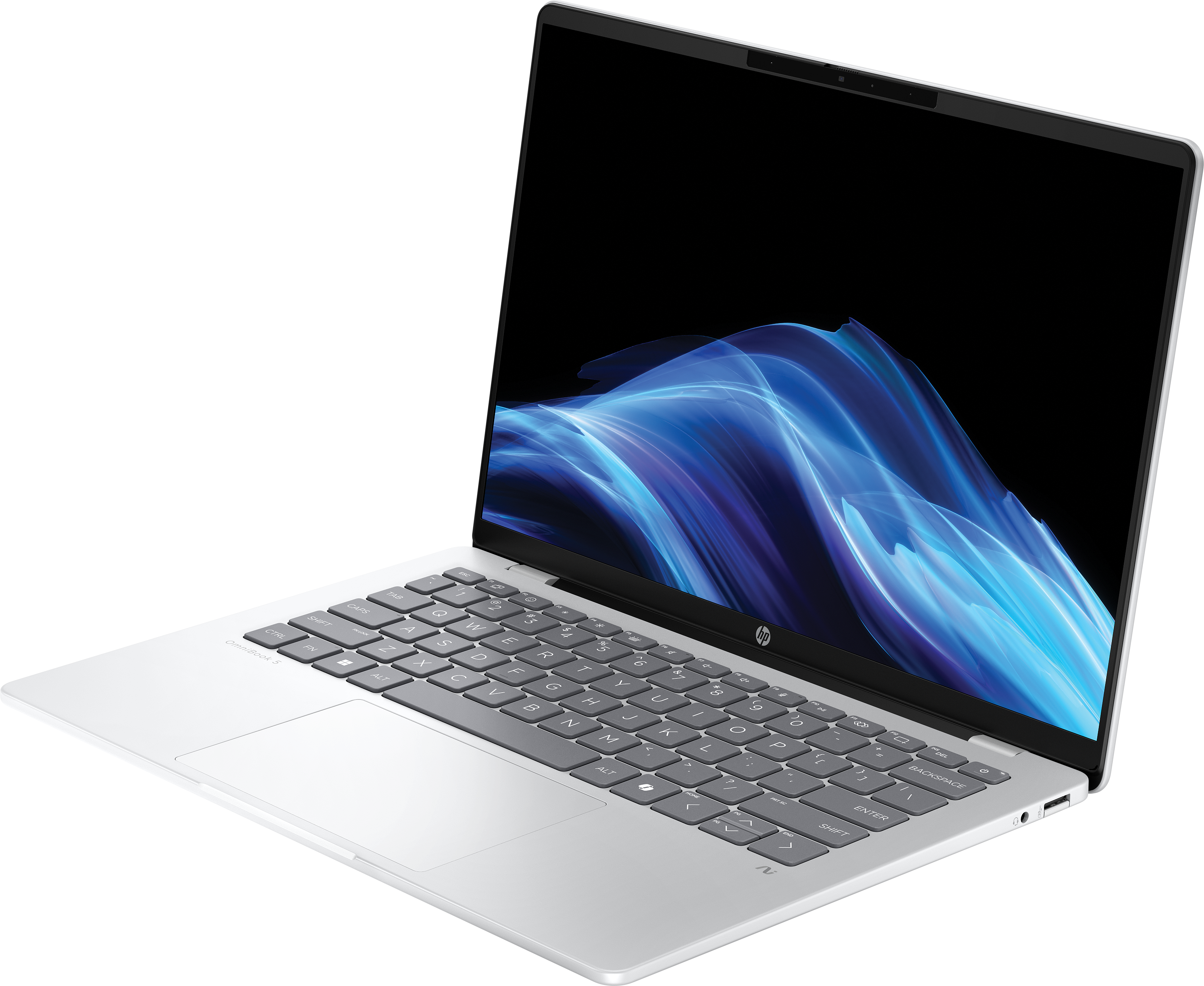 Silberner Laptop auf Schwarz. Der Bildschirm zeigt ein blaues, abstraktes Design. Tastatur sichtbar. HP-Logo vorhanden.