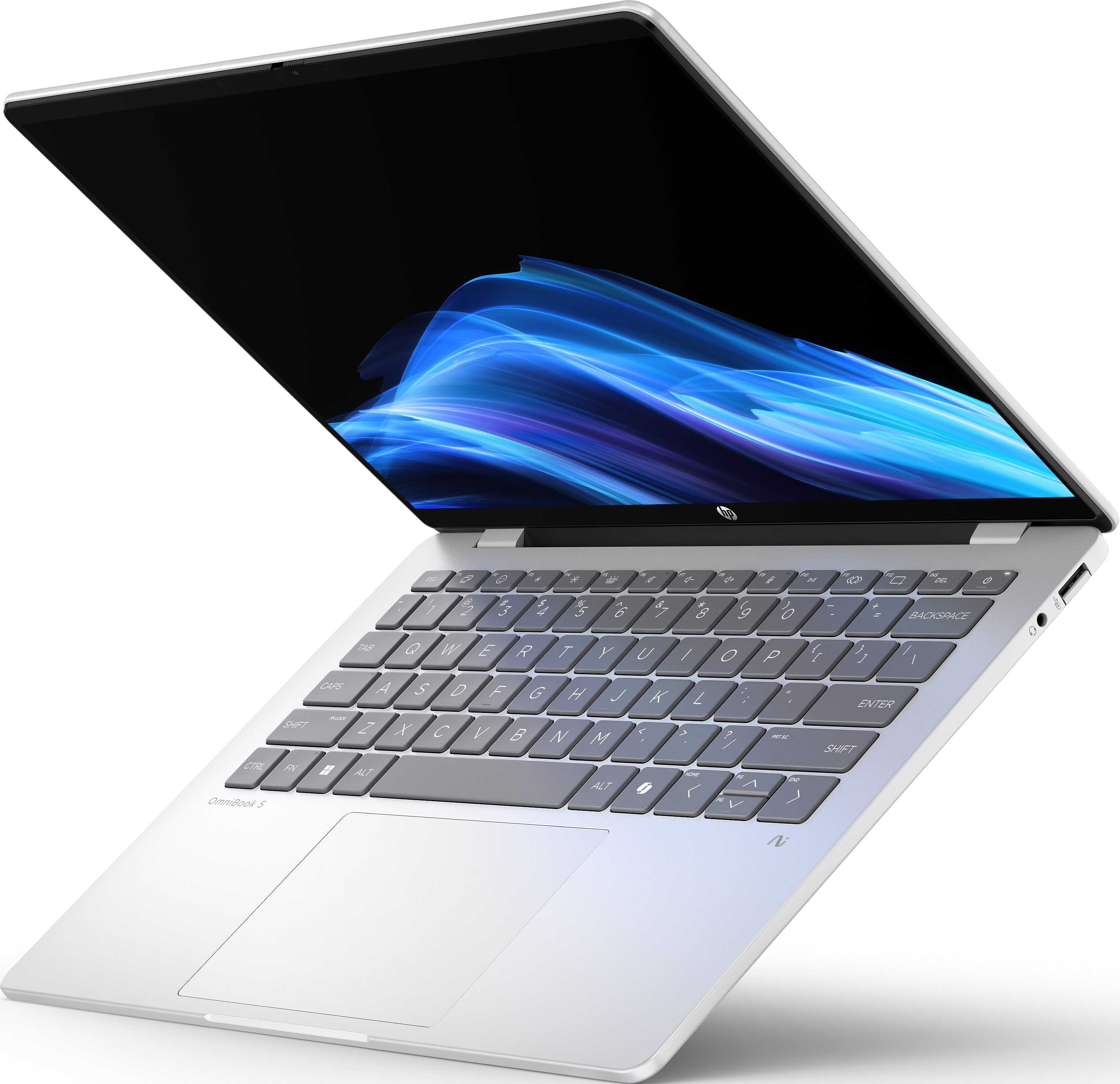 Ein weißer Laptop mit Tastatur und Bildschirm, der blaue und violette Grafiken vor schwarzem Hintergrund zeigt.