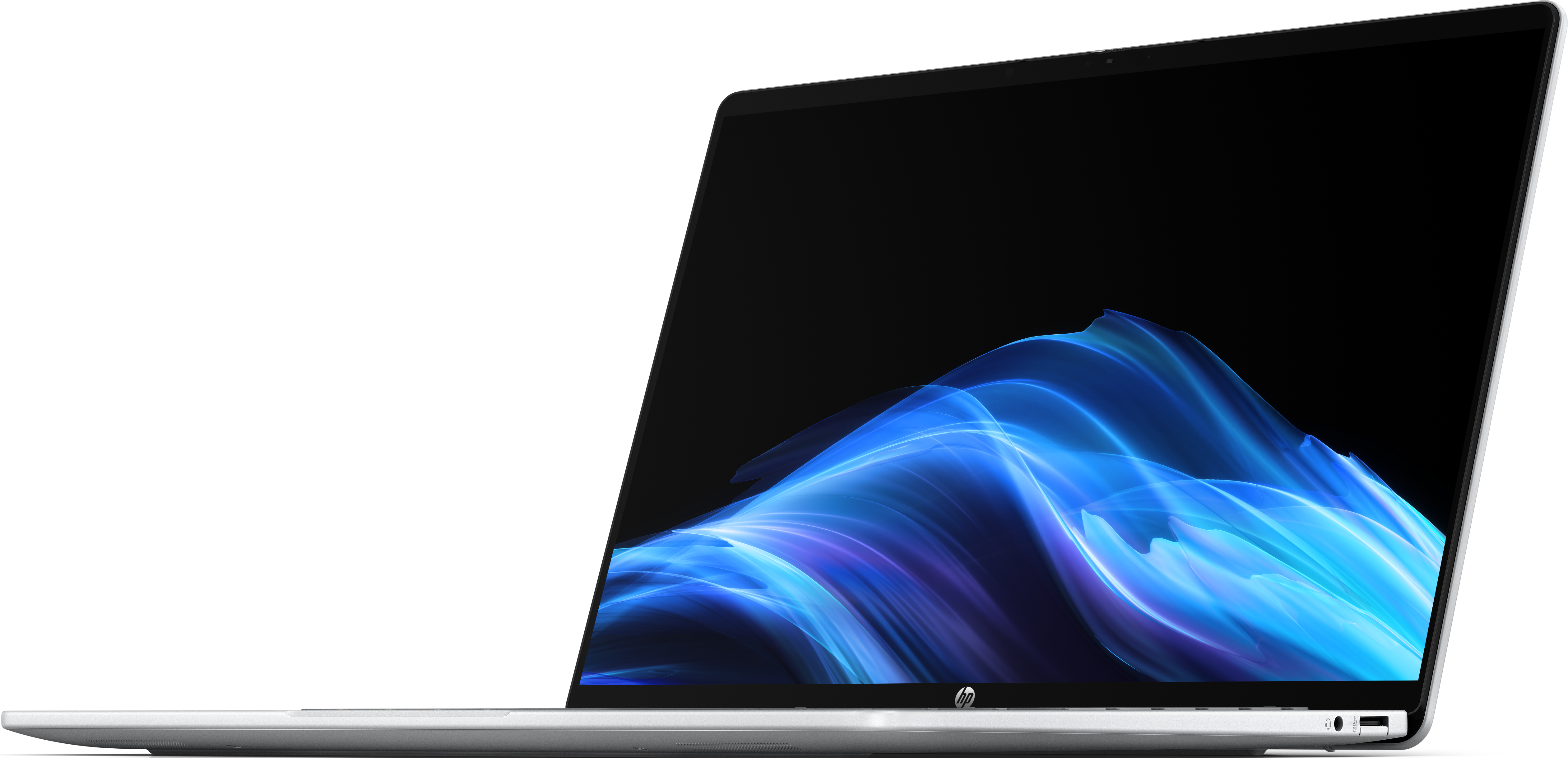 Silberner Laptop mit blauem und lila abstraktem Design auf dem Bildschirm, vor schwarzem Hintergrund. HP-Logo sichtbar.