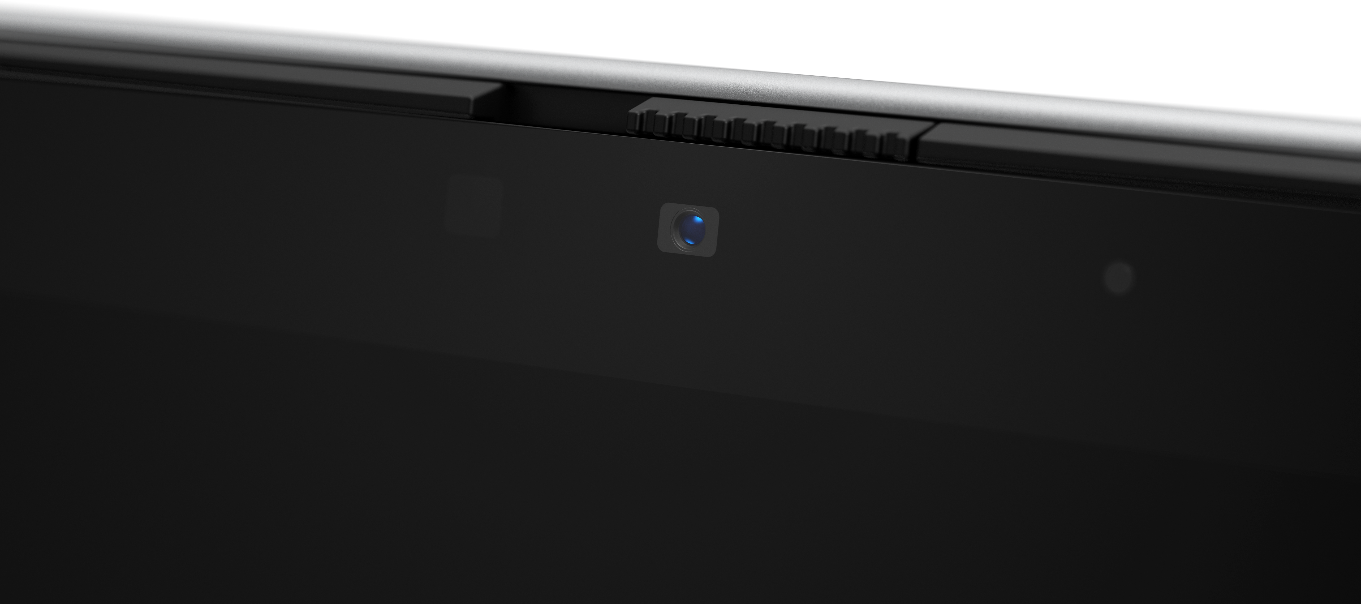 Nahaufnahme eines Laptop-Bildschirms mit Webcam und Schieberegler. Der Bildschirm ist schwarz, die Webcam hat ein blaues Licht.