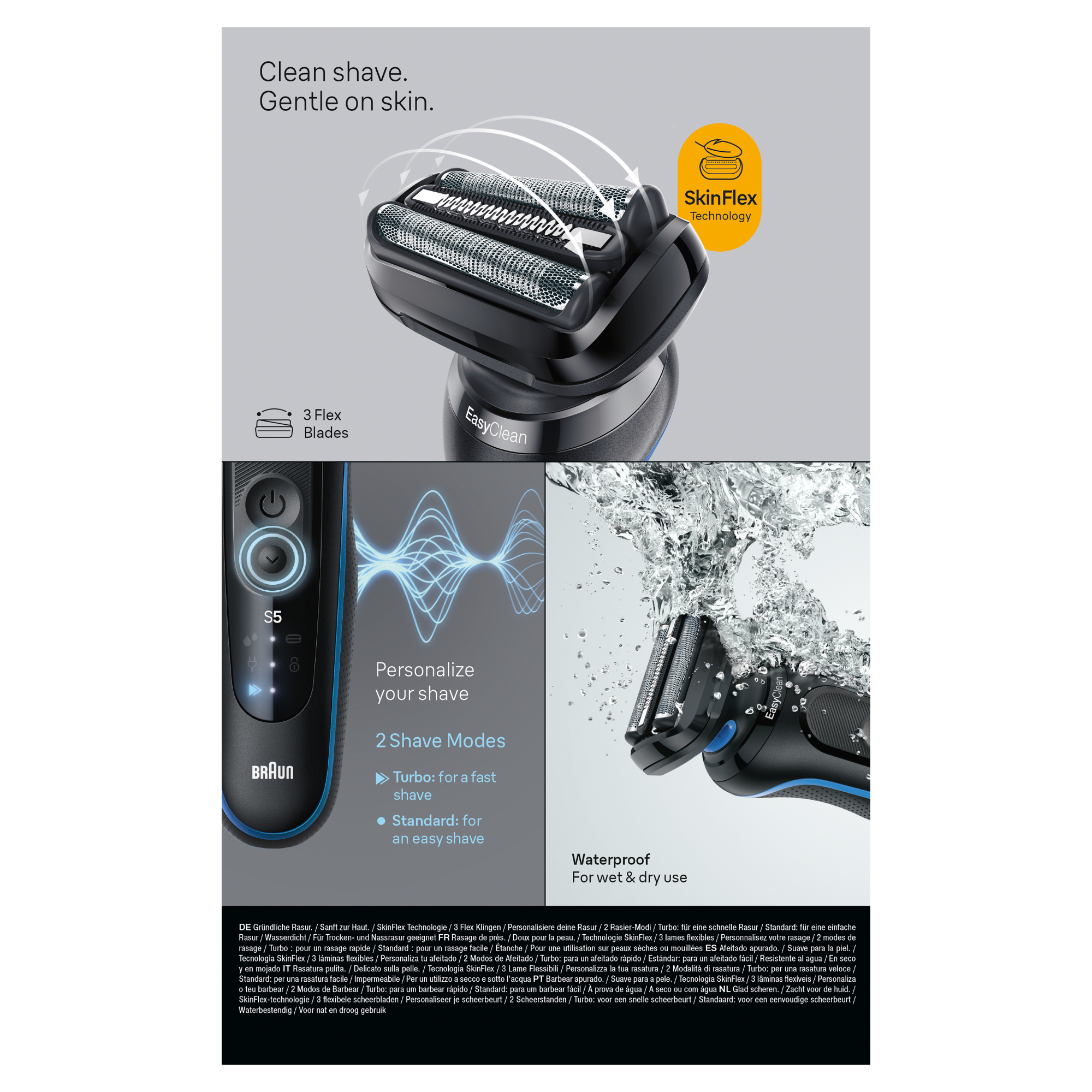 Czarno-niebieska golarka elektryczna z trzema ostrzami i technologią SkinFlex, z kroplami wody i tekstem o funkcjach.