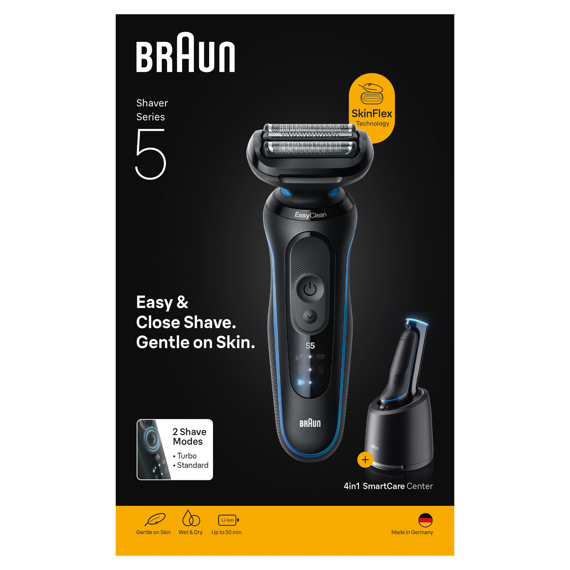 Golarka elektryczna Braun Series 5 z stacją ładującą. Czarno-niebieski design, ze szczegółami i funkcjami produktu.