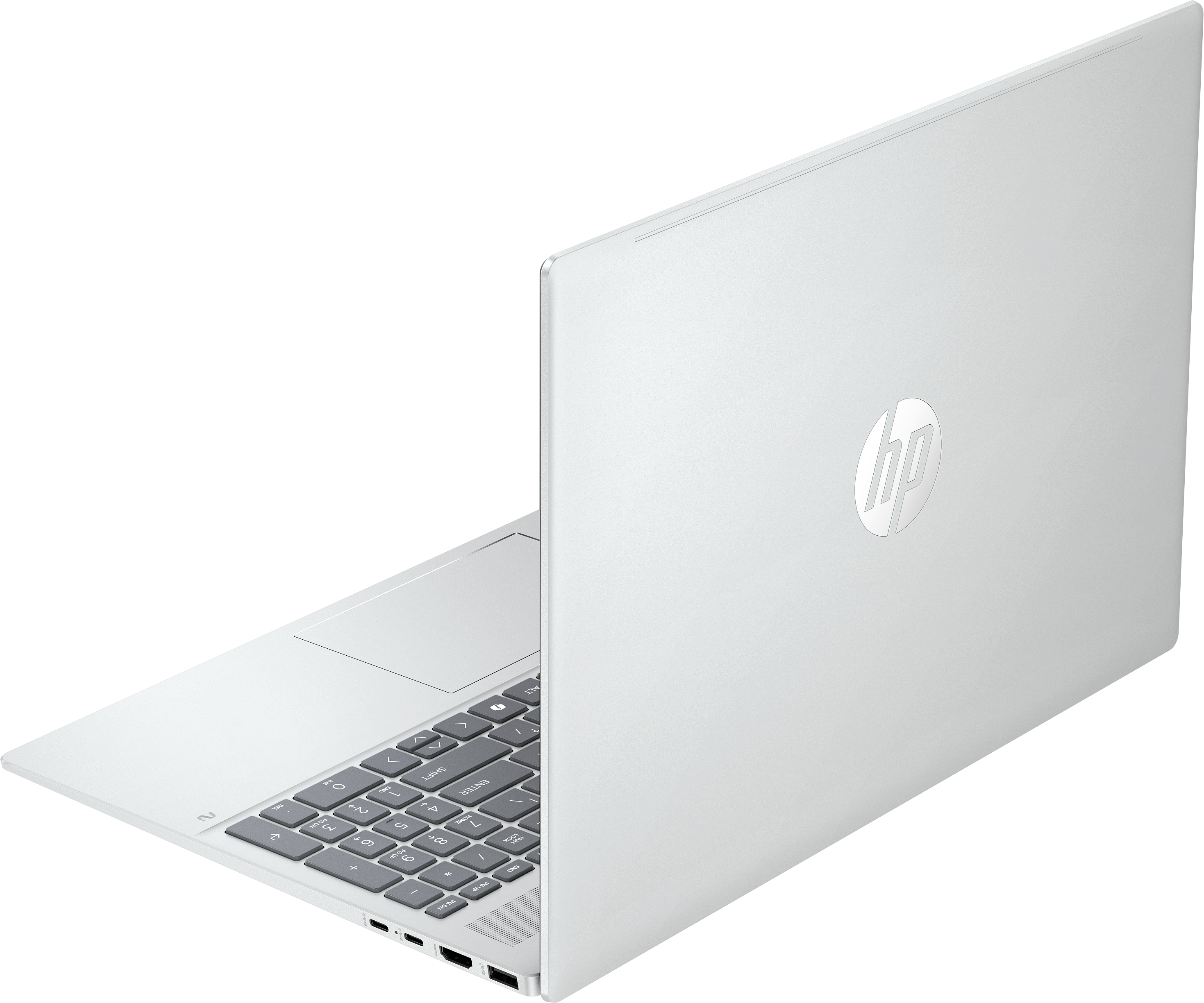 Ein weißer HP-Laptop auf schwarzem Hintergrund. Der Deckel ist geöffnet und zeigt die Tastatur und das Touchpad.