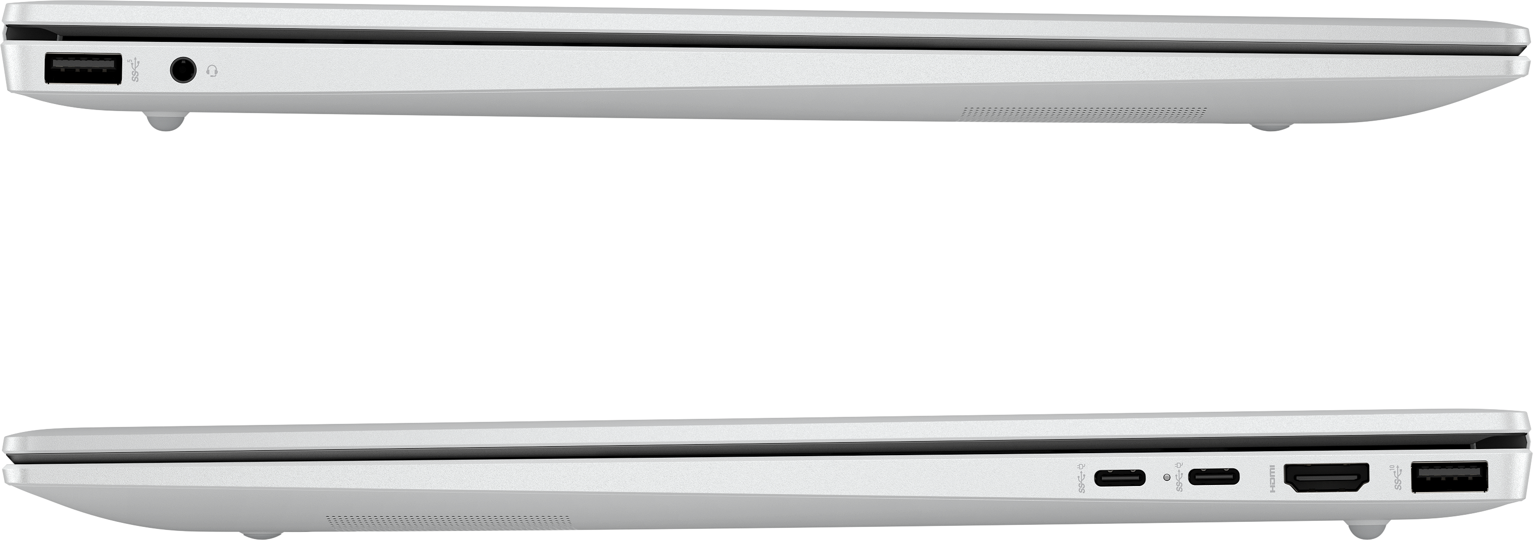 Seitenansicht eines weißen Laptops. Zeigt Anschlüsse, darunter USB, Kopfhöreranschluss und HDMI, vor schwarzem Hintergrund.