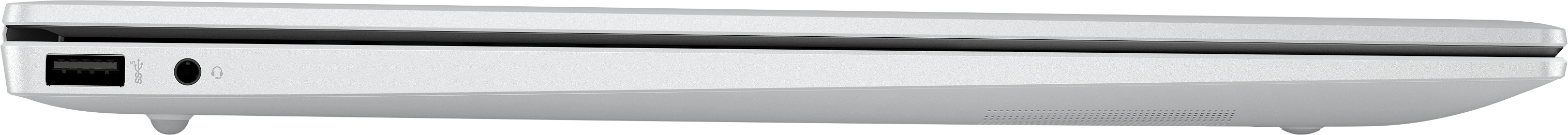 Seitenansicht eines weißen Laptops. Enthält USB-Anschluss, Audioanschluss und Lüftungslöcher. Schwarzer Hintergrund.