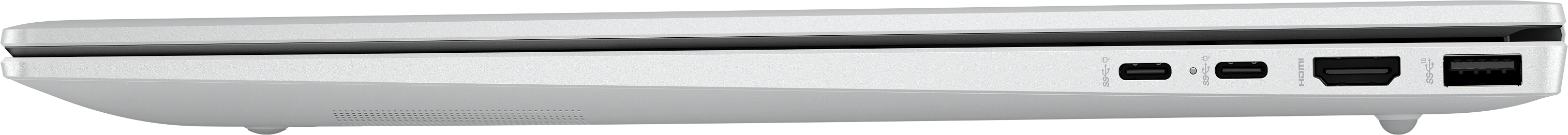 Seitenansicht eines silbernen Laptops. Sichtbare Anschlüsse sind USB-C, HDMI und USB. Der Laptop steht auf schwarzem Grund.