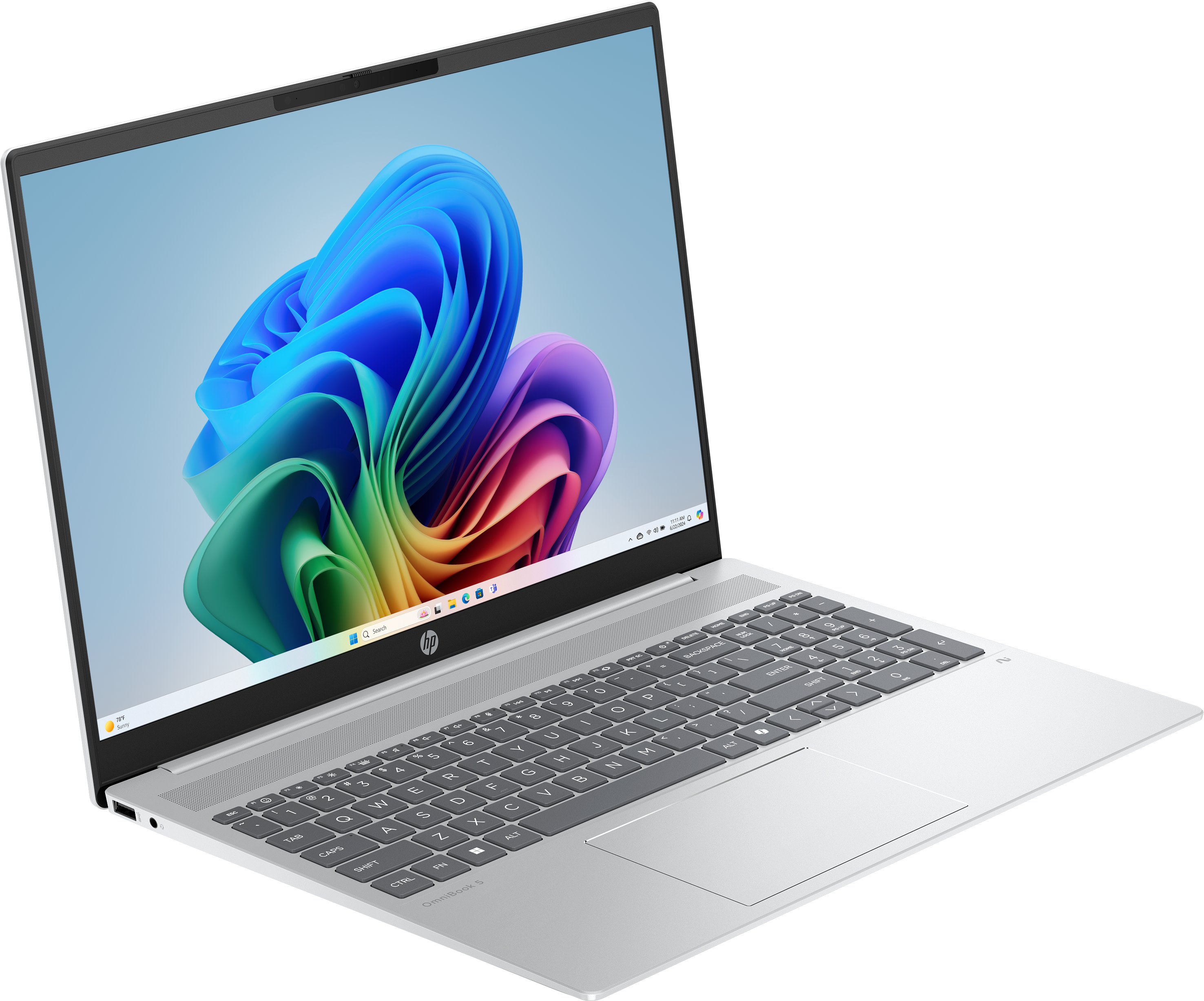 Silberner Laptop mit farbenfrohem, abstraktem Hintergrund auf schwarzem Grund.