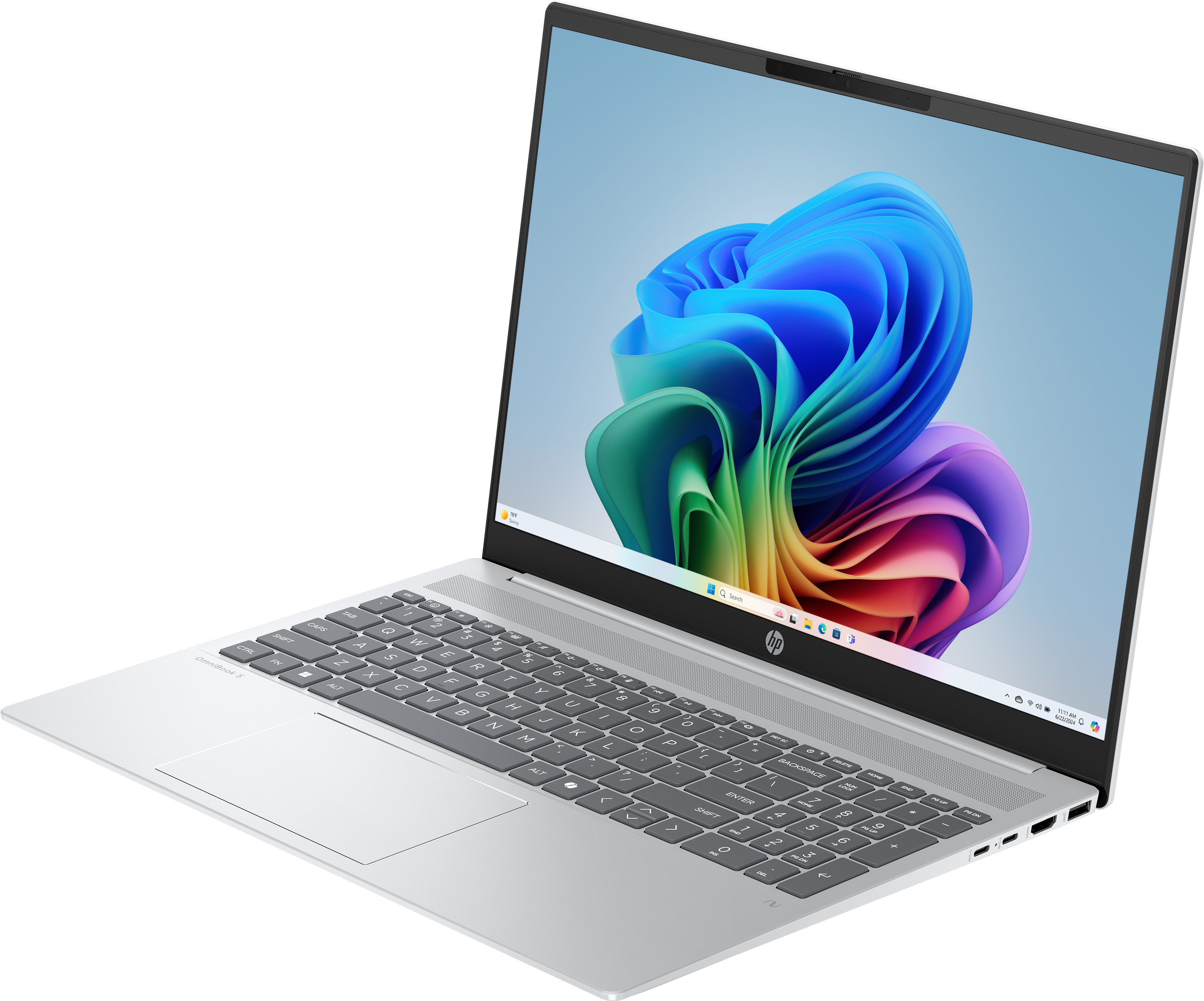 Silberner Laptop mit geöffnetem Bildschirm, der ein farbenfrohes abstraktes Bild zeigt. Tastatur sichtbar. Schwarzer Hintergrund.