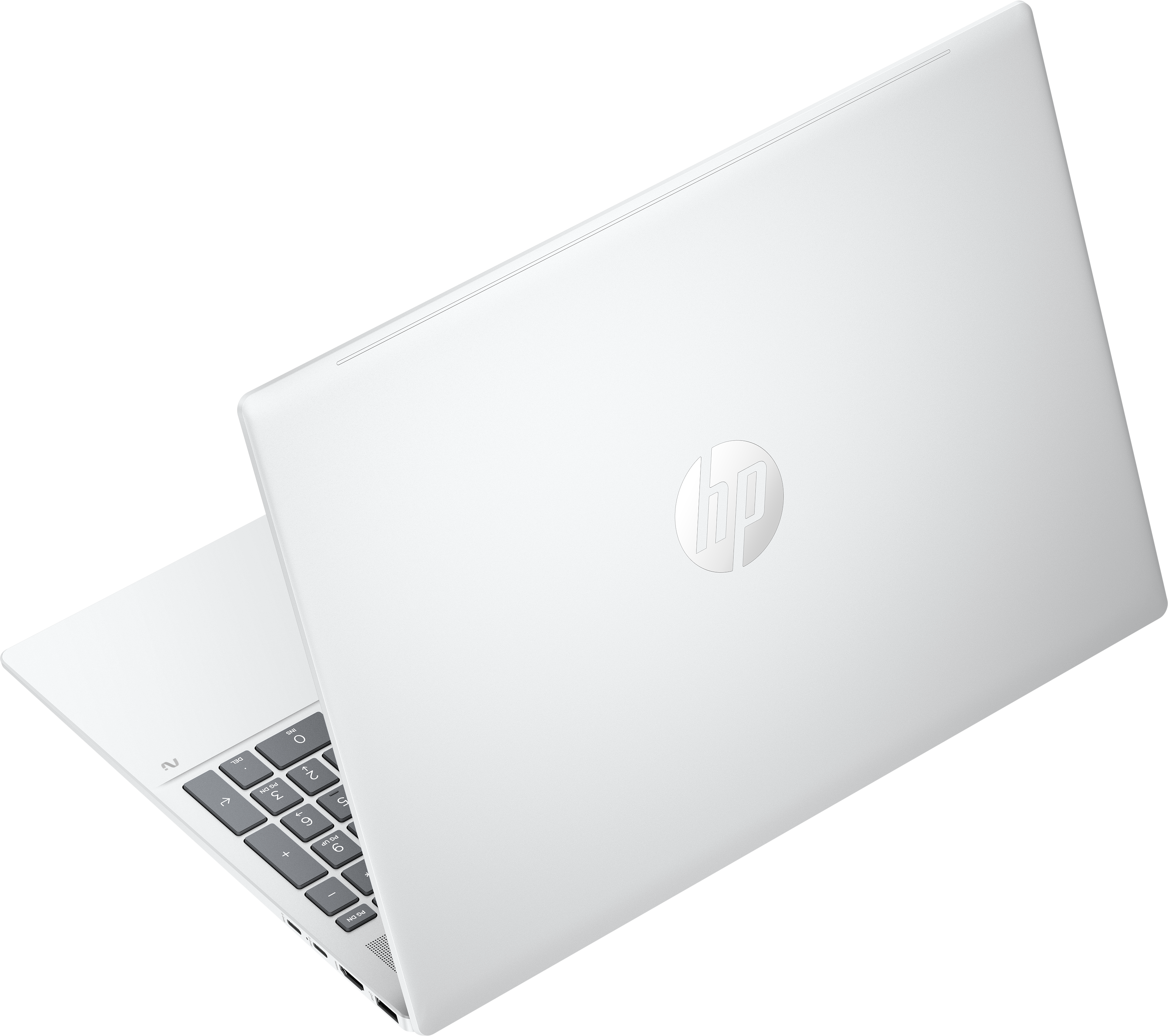 Ein weißer HP-Laptop ist geöffnet und zeigt die Tastatur und die Rückseite mit dem HP-Logo. Schwarzer Hintergrund.