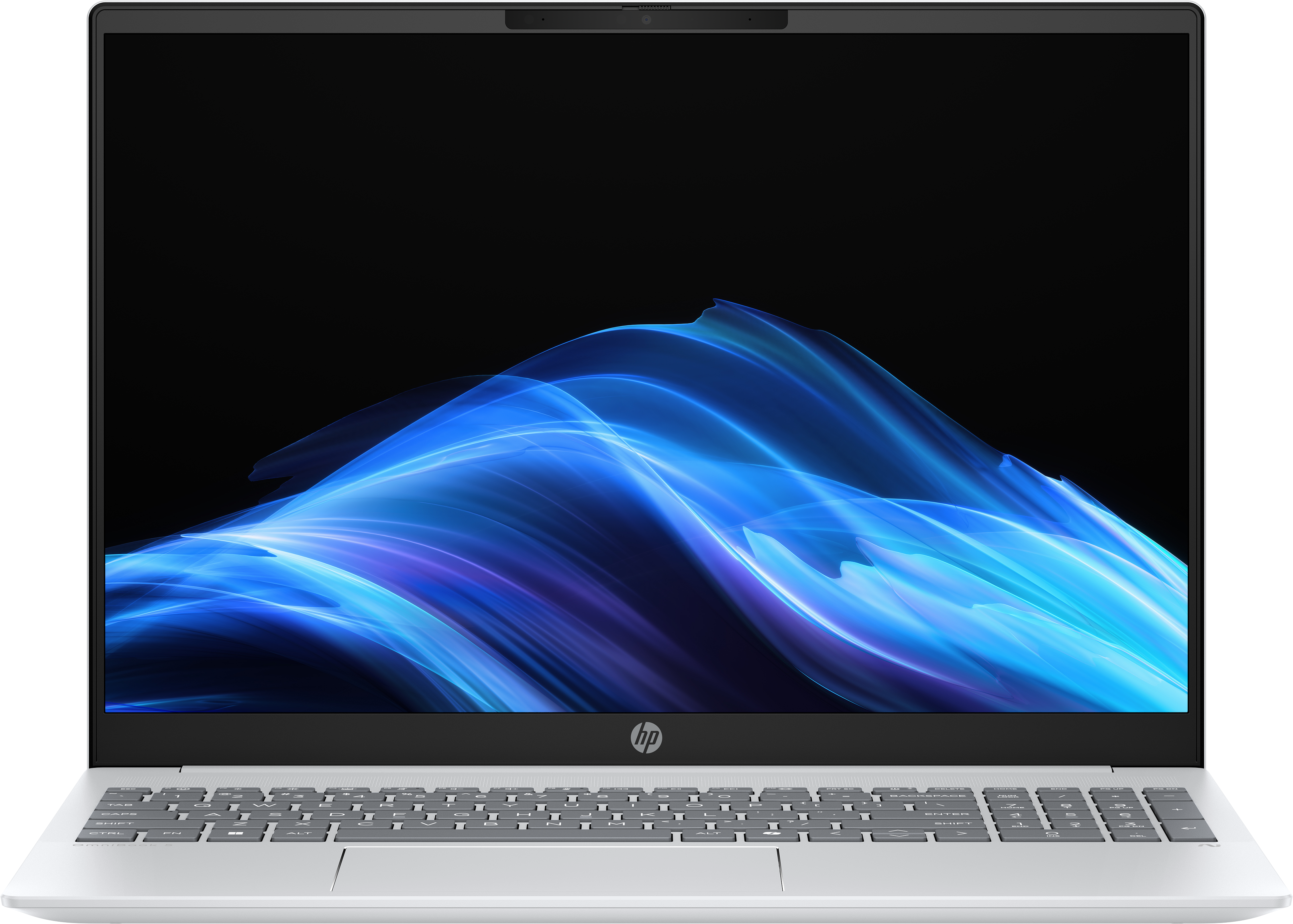 Ein silberner HP-Laptop ist geöffnet und zeigt ein abstraktes blau-violettes Design auf dem Bildschirm mit weißer Tastatur.