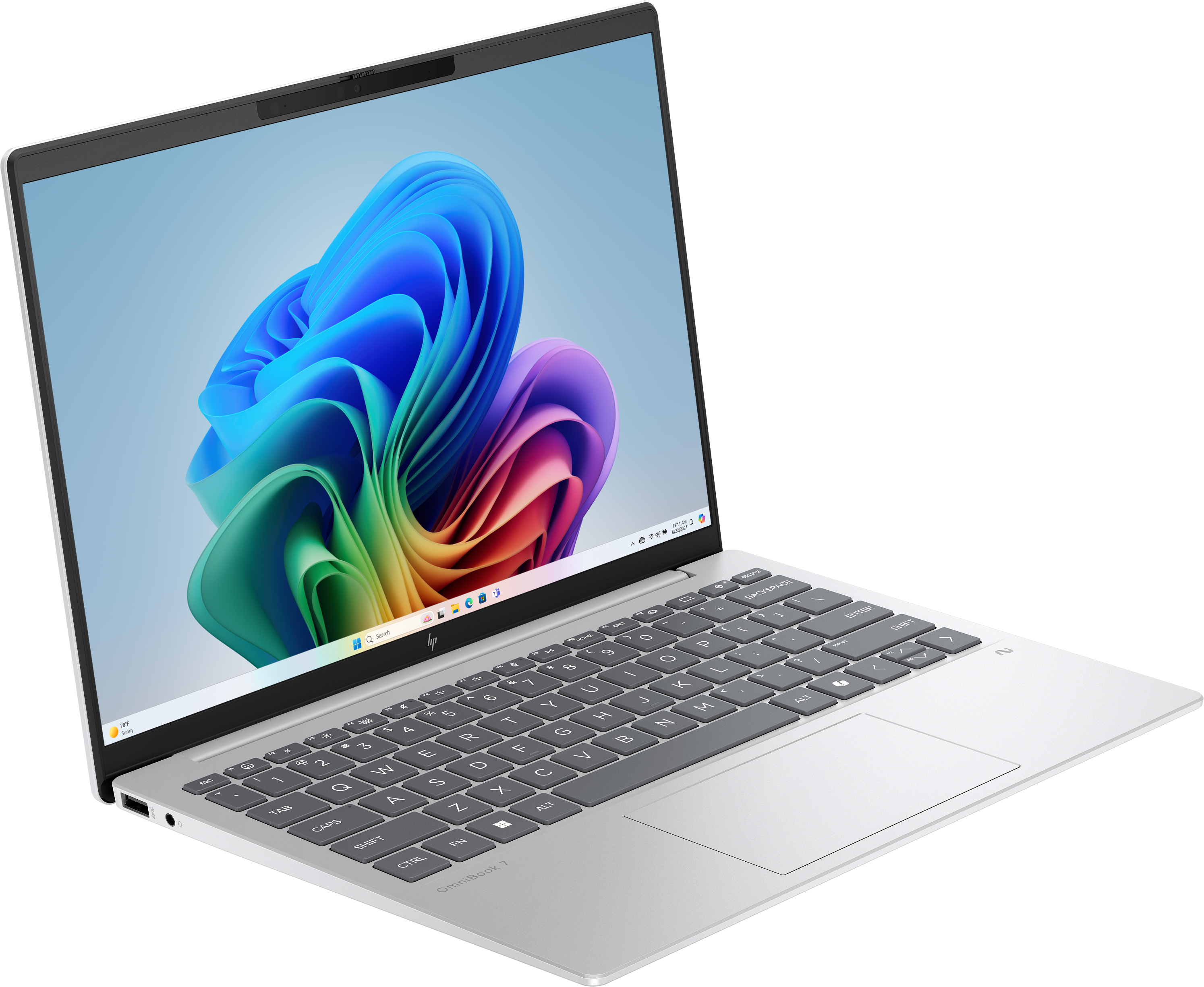 Silberner Laptop geöffnet, mit farbenfrohem, abstrakten Hintergrund. Tastatur sichtbar, mit schwarzem Hintergrund.