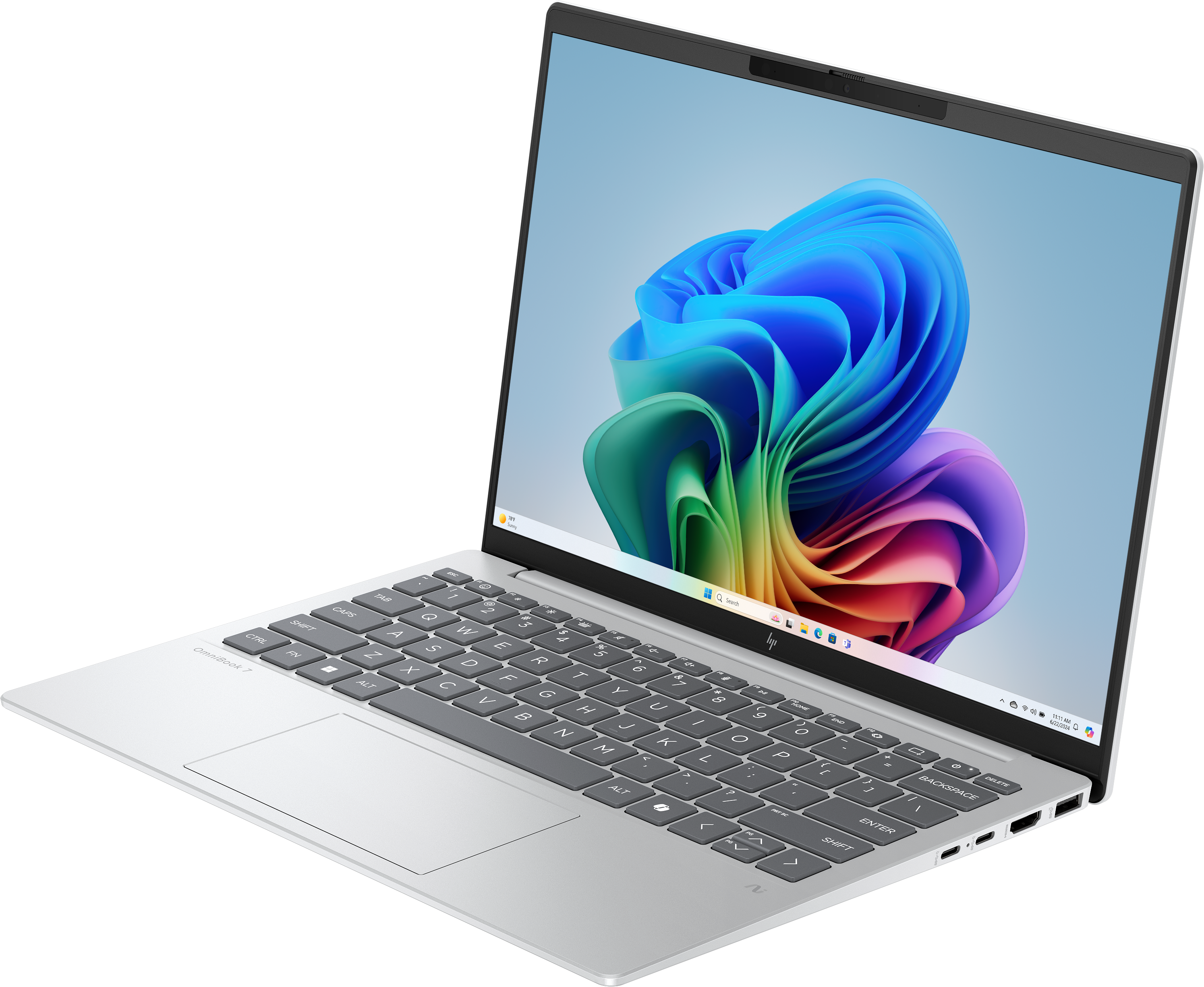 Silberner Laptop geöffnet, mit buntem, abstrakten Hintergrund. Tastatur sichtbar. Schwarzer Hintergrund.