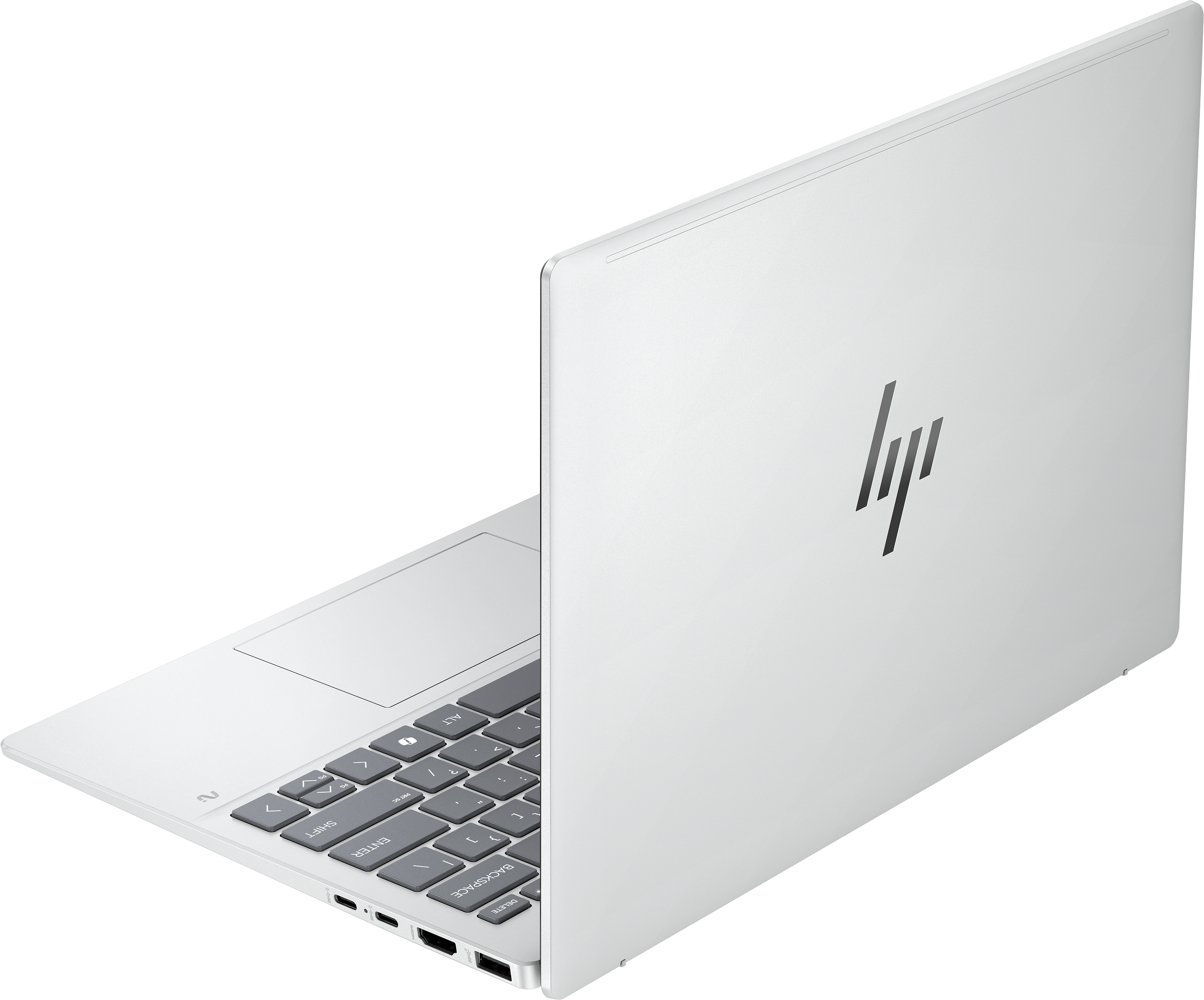 Weißer Laptop geöffnet, Tastatur und Bildschirm zeigend, HP-Logo hinten, schwarzer Hintergrund.