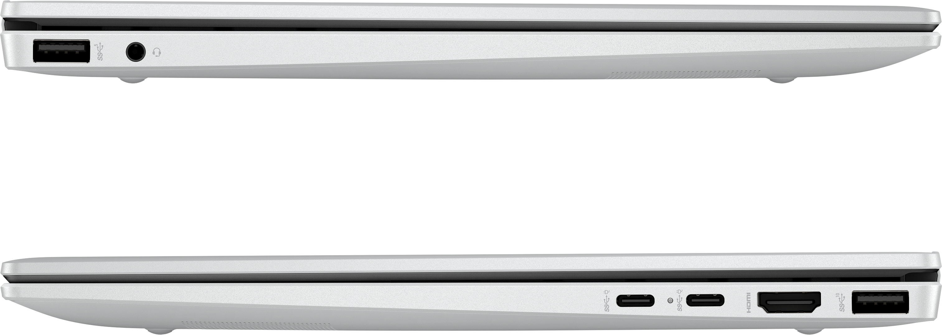 Seitenansicht eines weißen Laptops mit Anschlüssen: USB, Kopfhöreranschluss, USB-C, HDMI und Stromanschluss. Schwarzer Hintergrund.