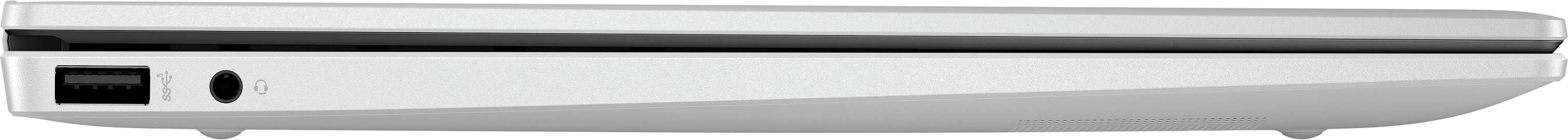 Seitenansicht eines weißen Laptops. Anschlüsse: USB, Kopfhöreranschluss. Schwarzer Bildschirmbereich sichtbar. Schwarzer Hintergrund.