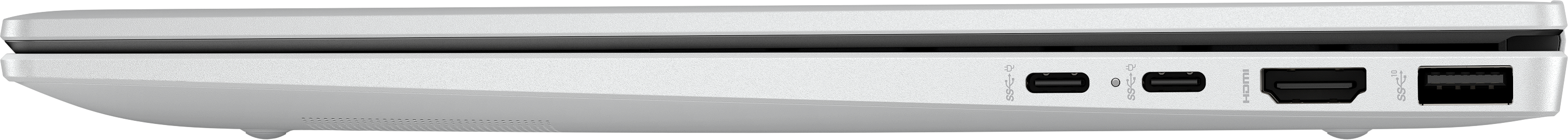 Seitenansicht eines weißen Laptops. Sichtbare Anschlüsse sind USB, HDMI und USB-C. Schwarzes Lüftungsdetail oben.
