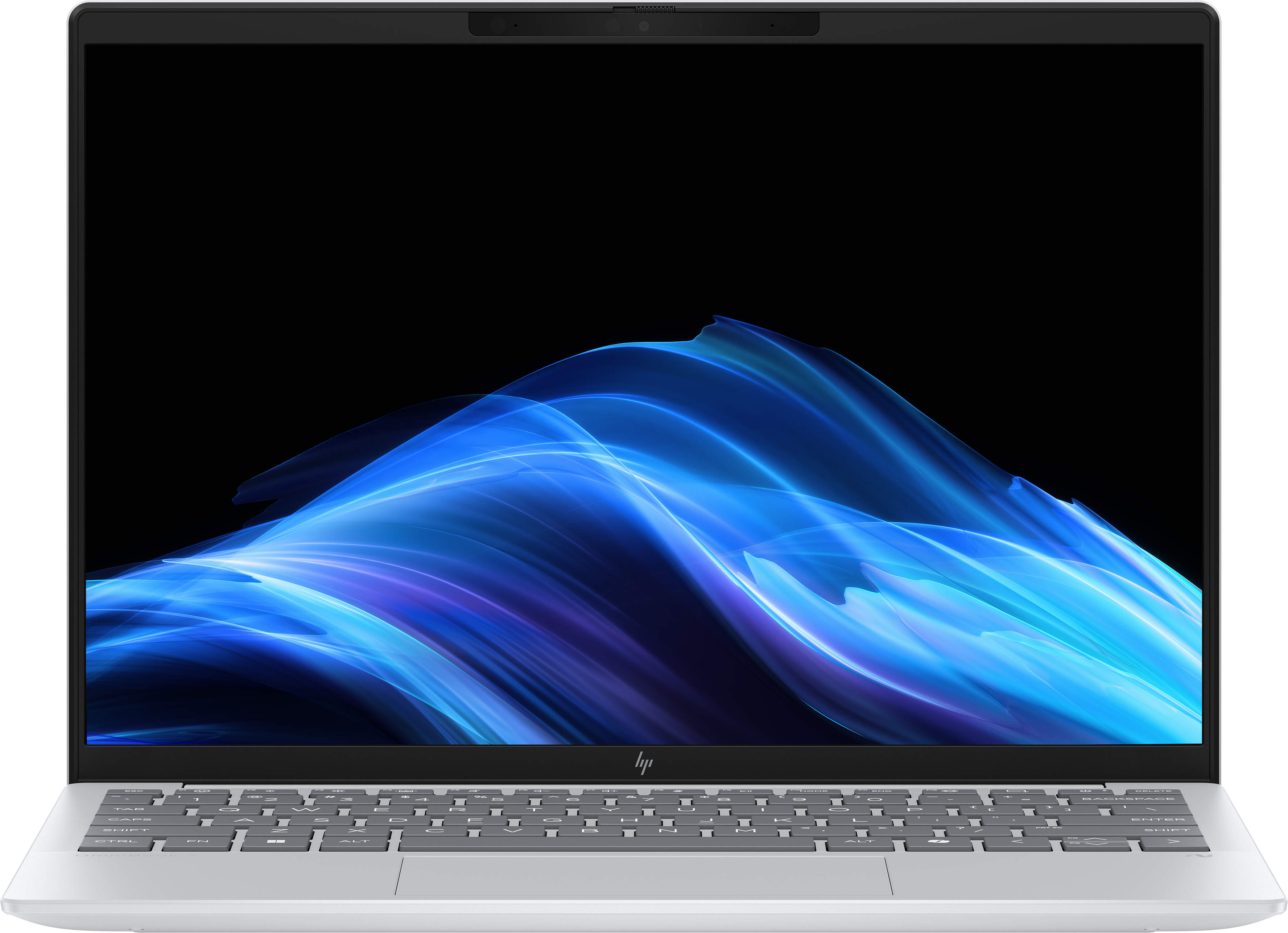 Laptop mit silbernem Gehäuse, schwarzem Bildschirm mit blauem und violettem abstraktem Wellendesign. Tastatur unten sichtbar.