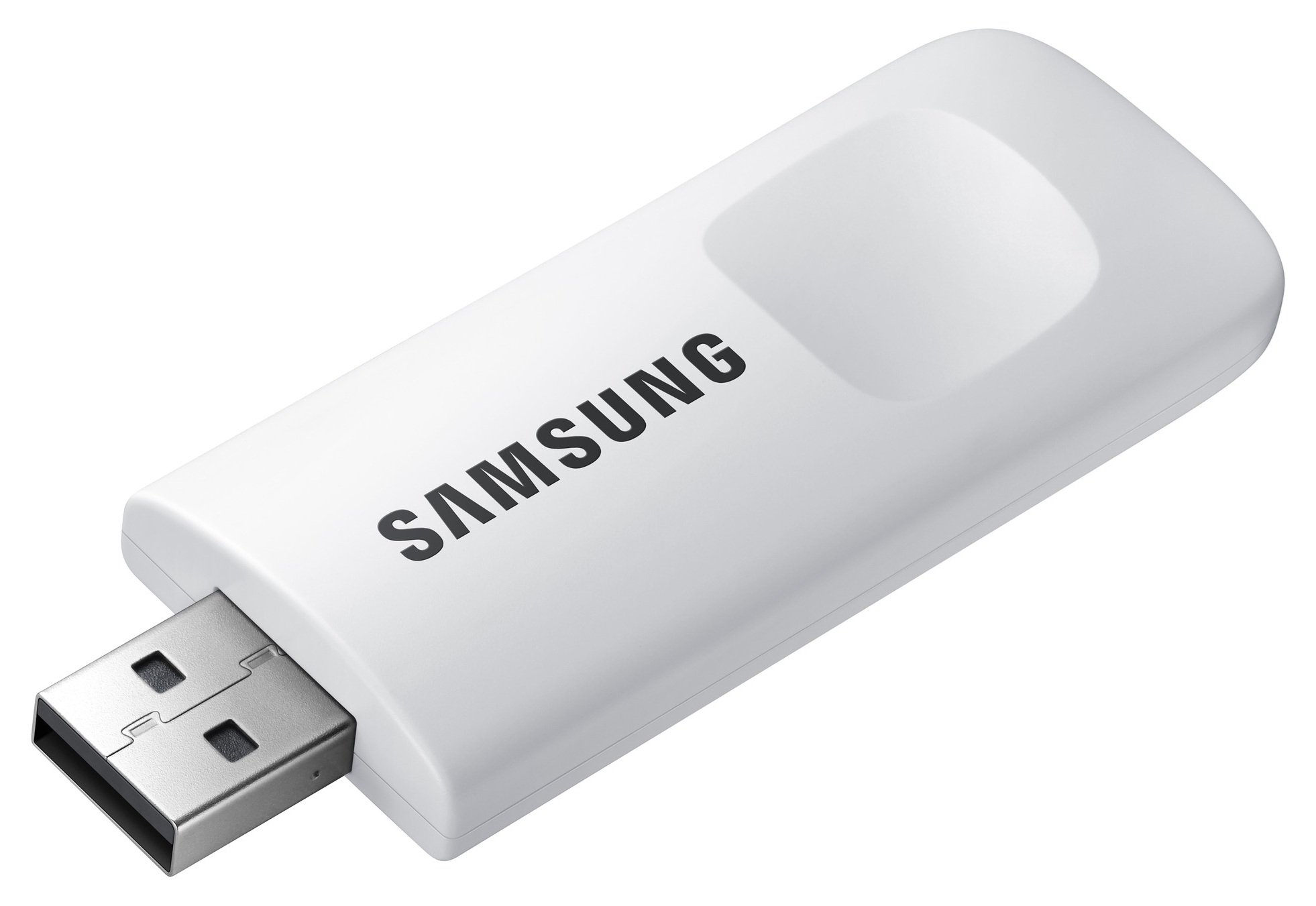 Biały pendrive Samsung z złączem USB. Na obudowie napis SAMSUNG. Leży na białym tle.