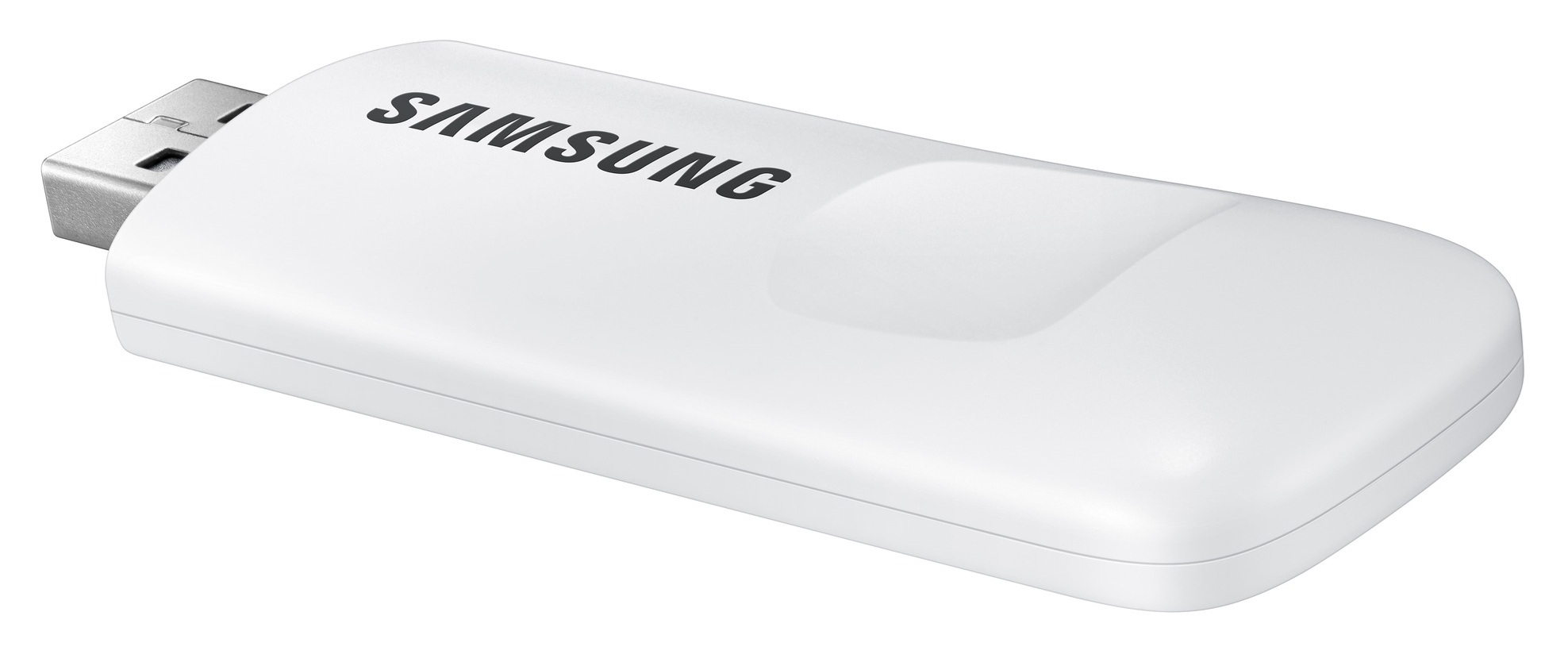 Biały adapter USB Samsung. Ma czarne logo Samsung. Srebrne złącze USB po lewej stronie. Tło białe.