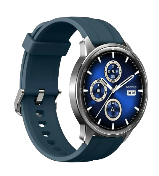 Smartwatch Realme z granatowym paskiem i niebieską tarczą, pokazujący godzinę i inne dane. Zegarek jest srebrny.